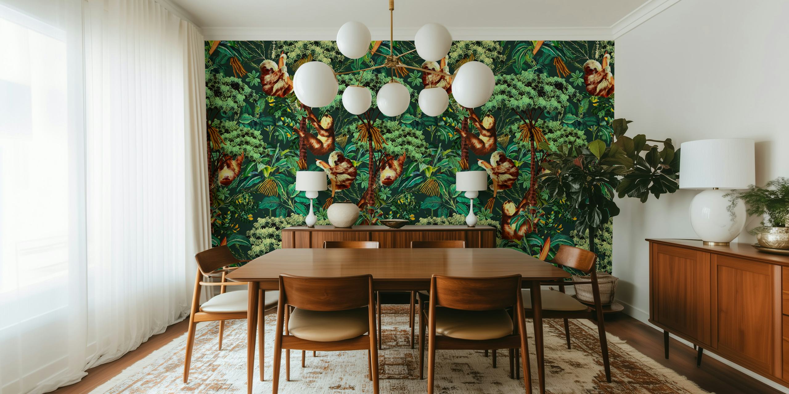 Sloths hanging among lush green jungle foliage wallpaper