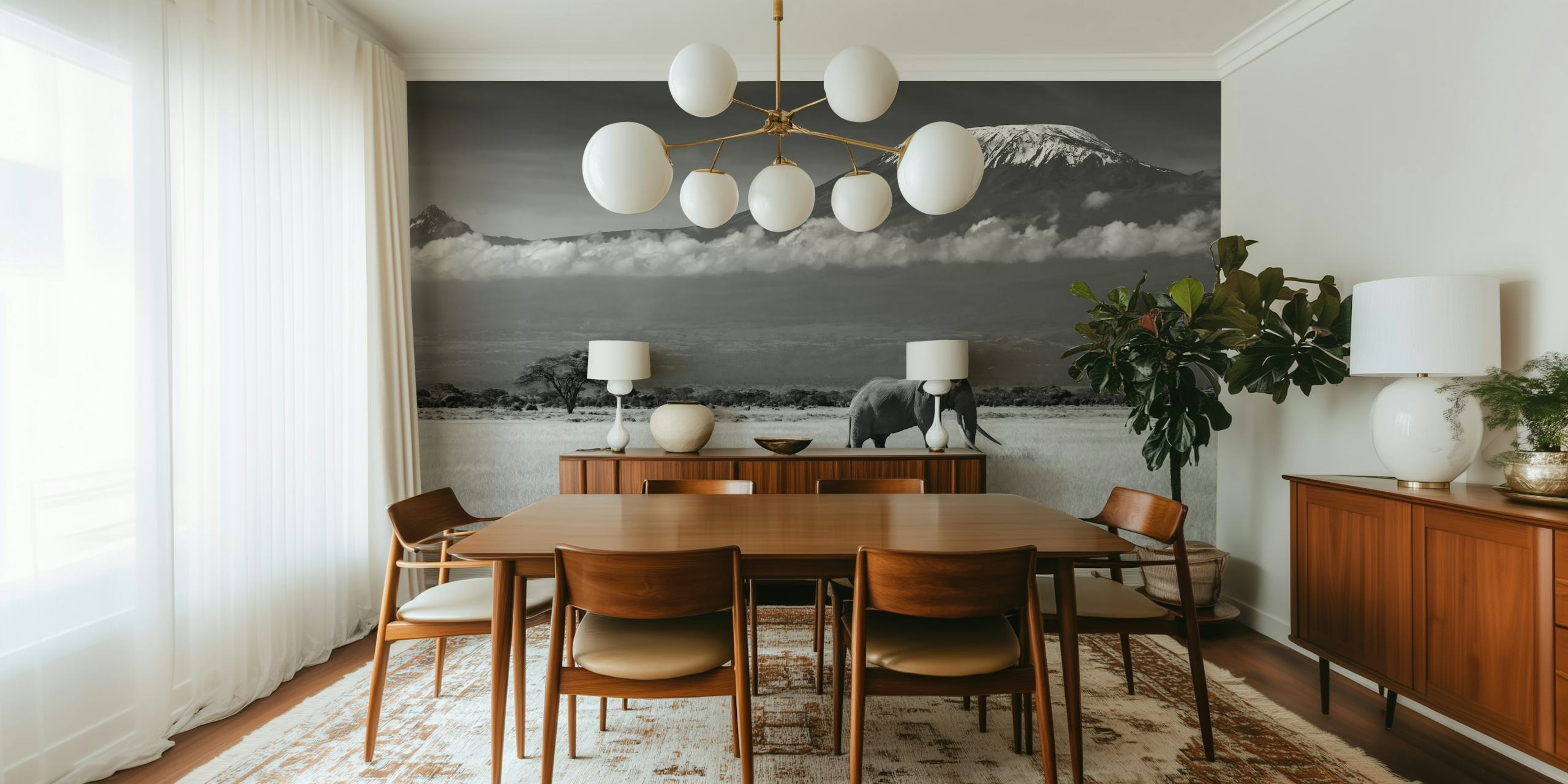 Black and white elephant in a savannah landscape wallpaper