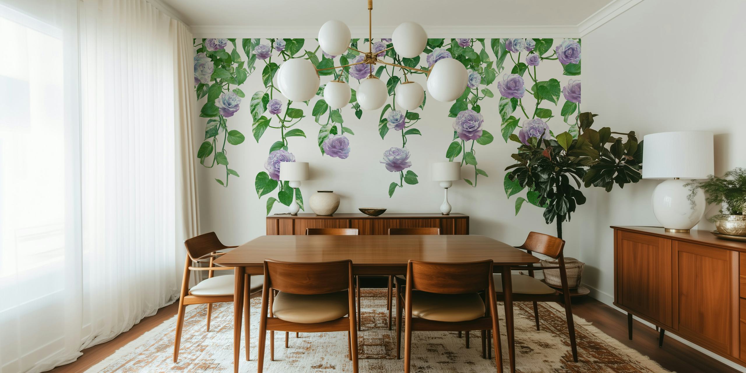 Lavender roses and green ivy leaves floral wallpaper
