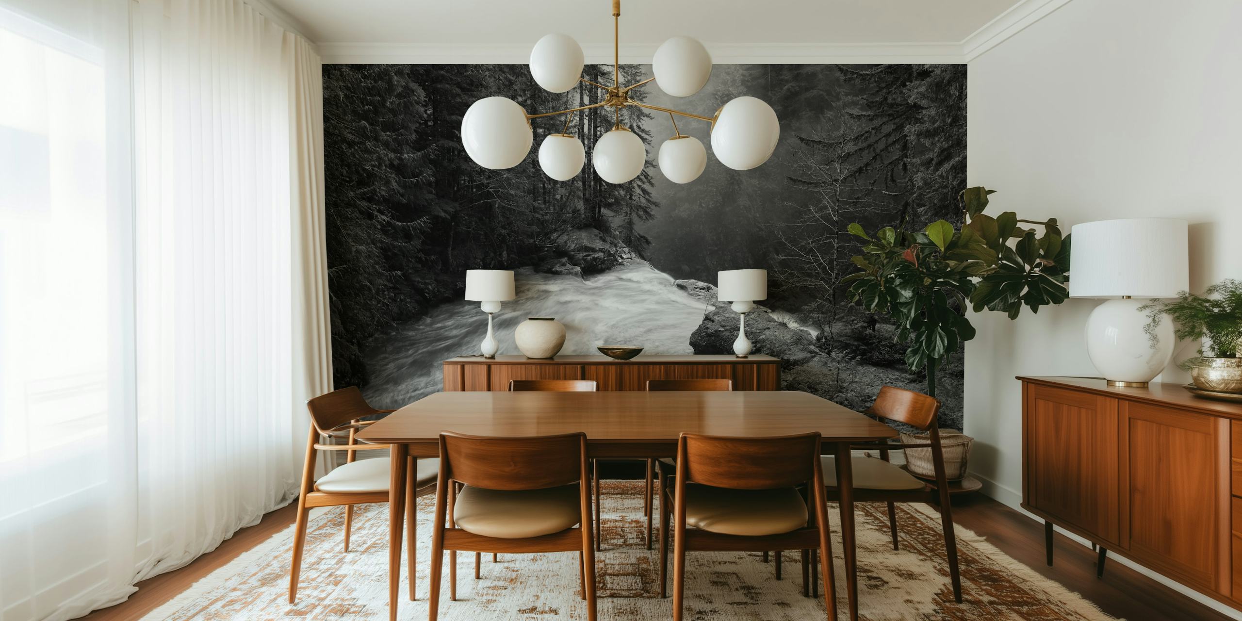 Black and white wall mural of a waterfall surrounded by forest