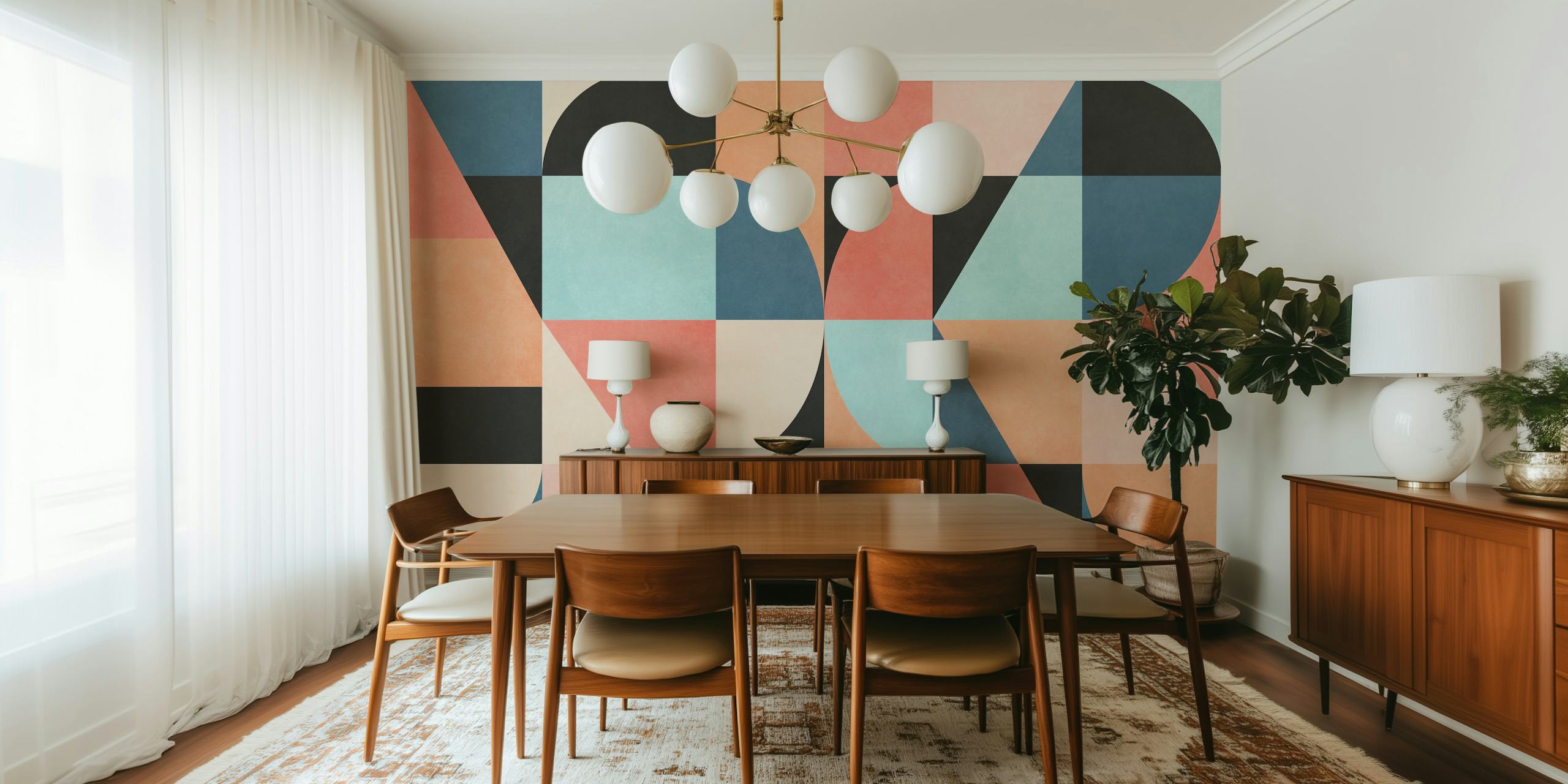 Pastel colored geometric shapes in pink, blue, and black wallpaper