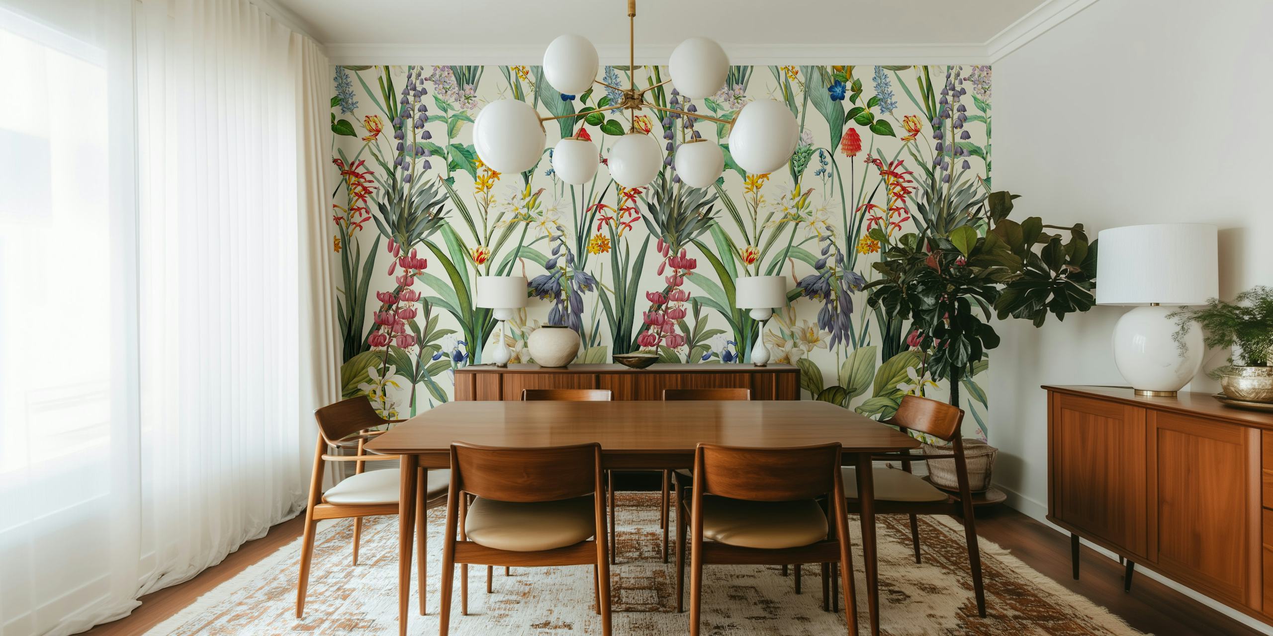 Vintage floral garden wall mural with an array of blooming flowers and greenery