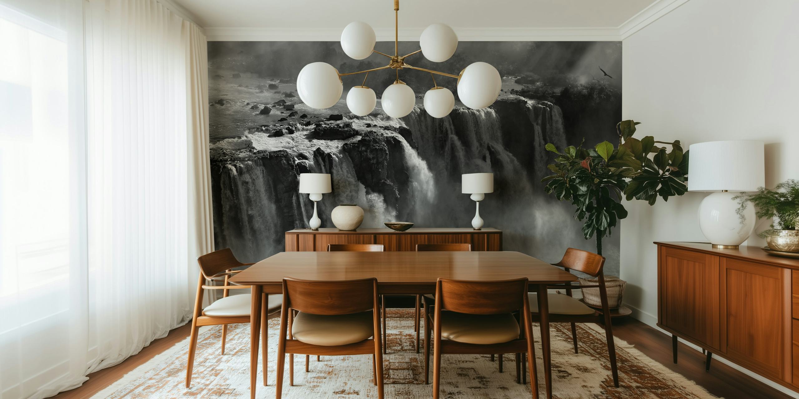 Dramatic waterfall wallpaper in a living room