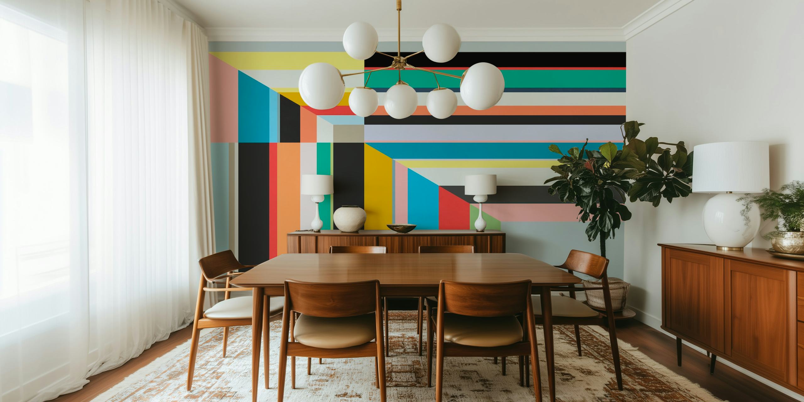 Framed 2 In abstract geometric wall mural with colorful stripes and blocks