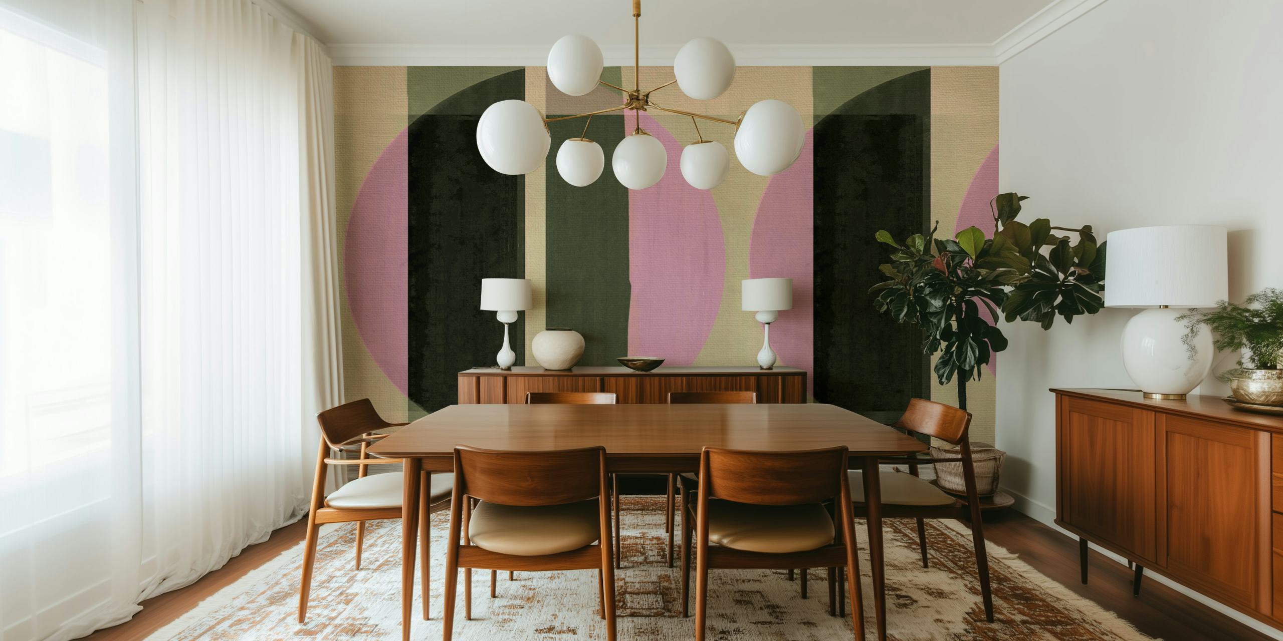 Bauhaus-inspirert veggmaleri med geometriske sirkler og jordfarger