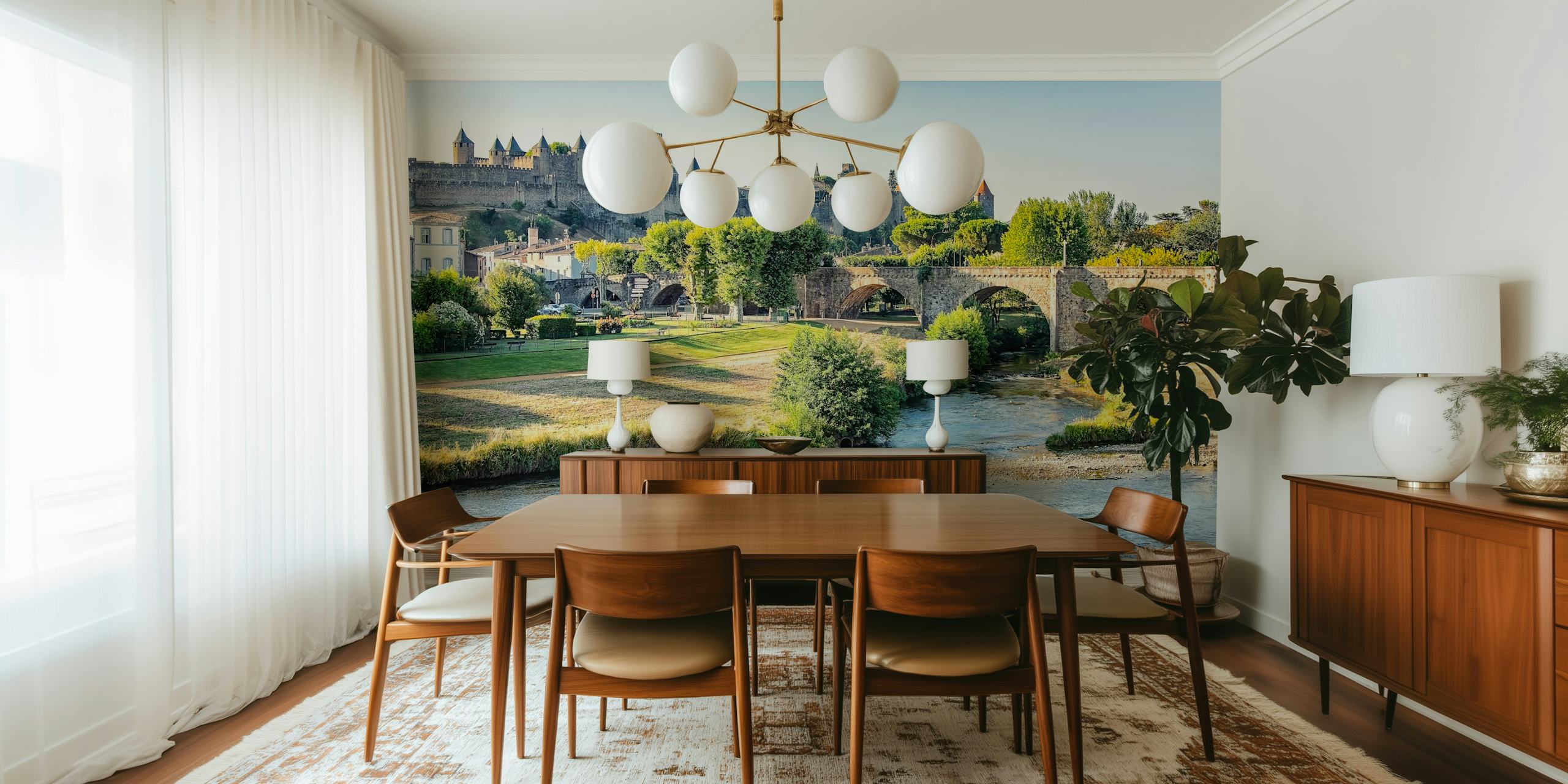 Scenic Carcassonne Old Town view with river, greenery, and medieval castle wallpaper