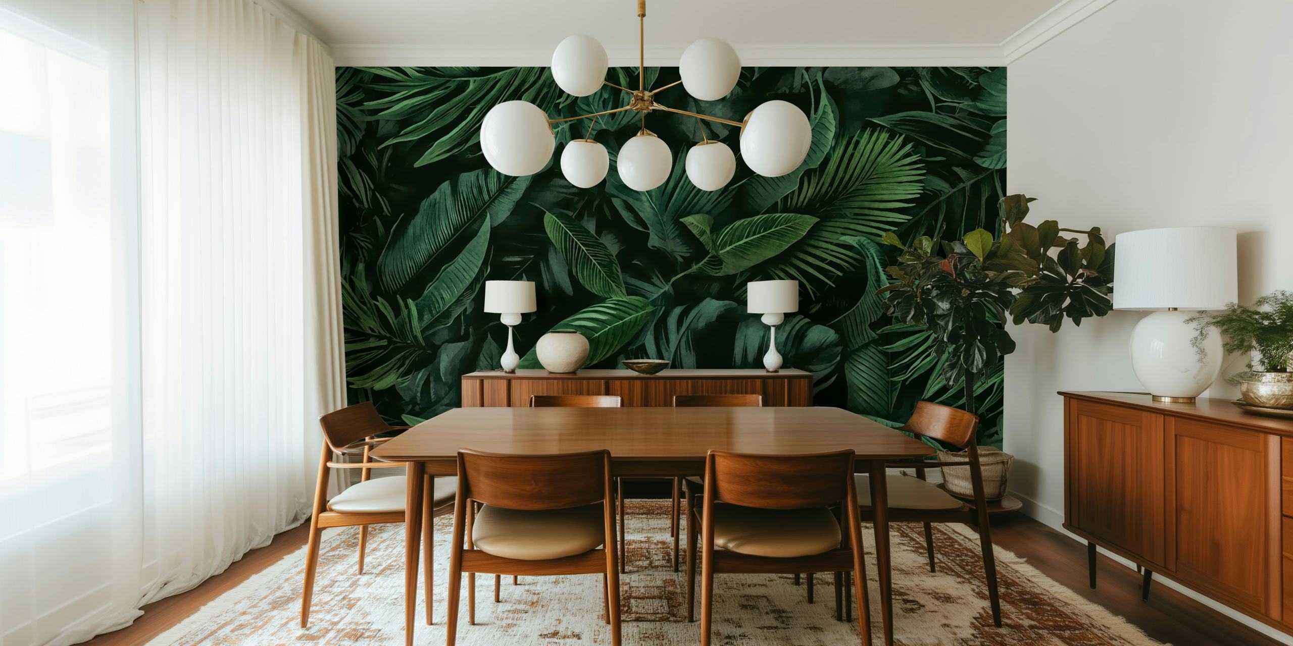 Green jungle wallpaper in a room setting
