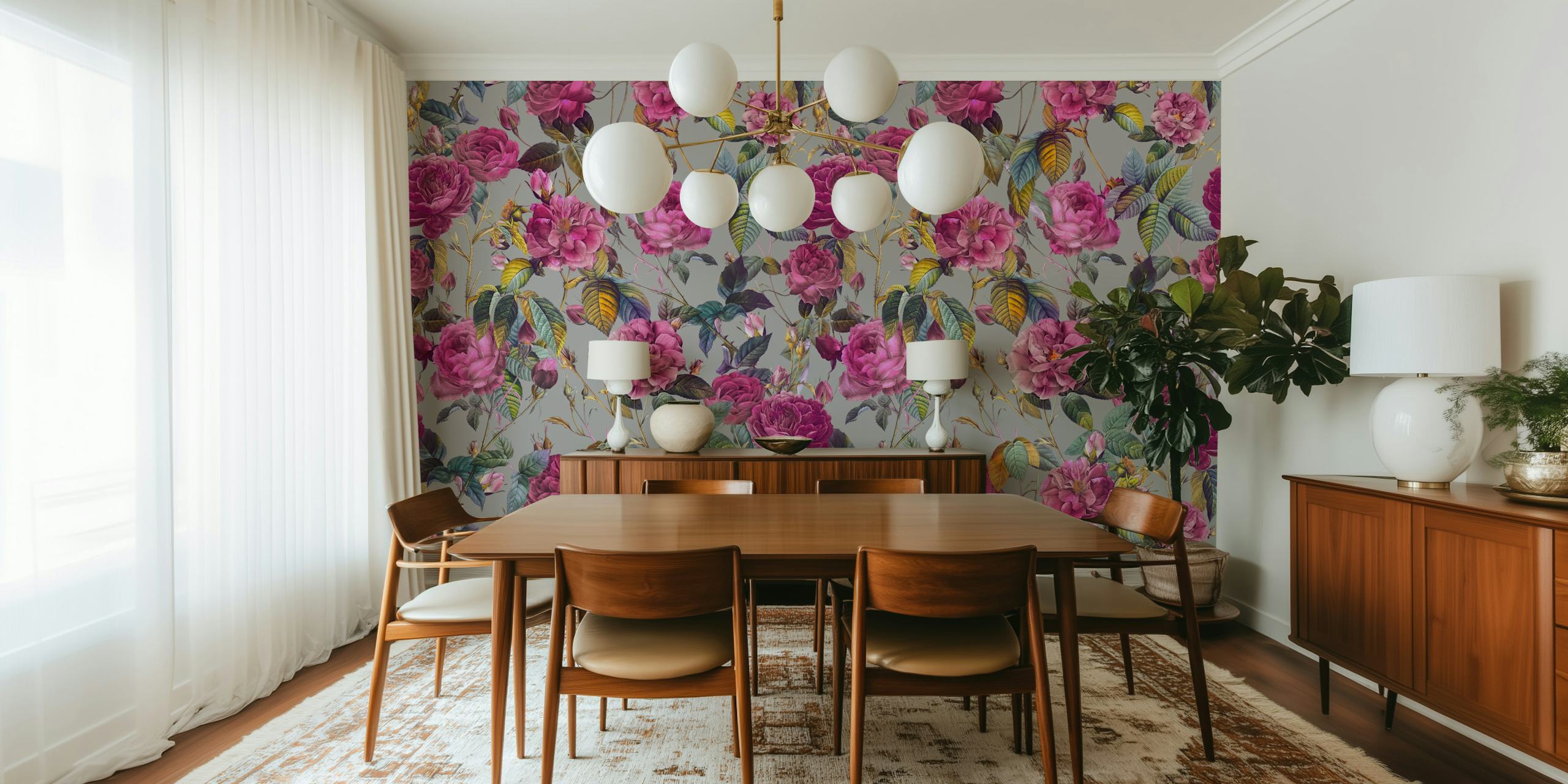 Vintage pink floral wallpaper with roses and green leaves