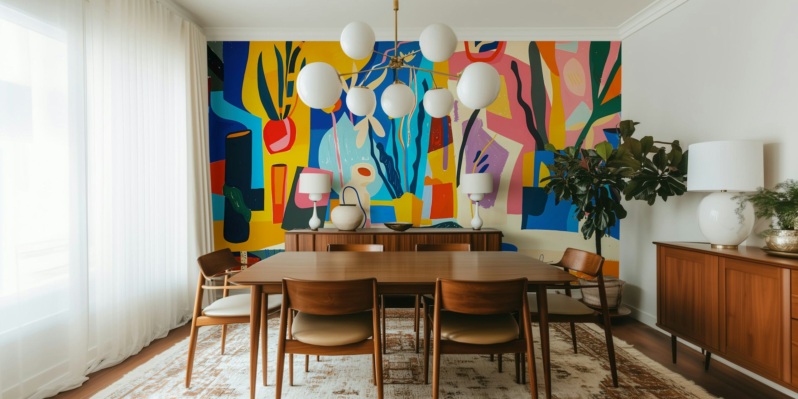 Apstraktni šareni zidni mural sa spontanim potezima kista i geometrijskim oblicima