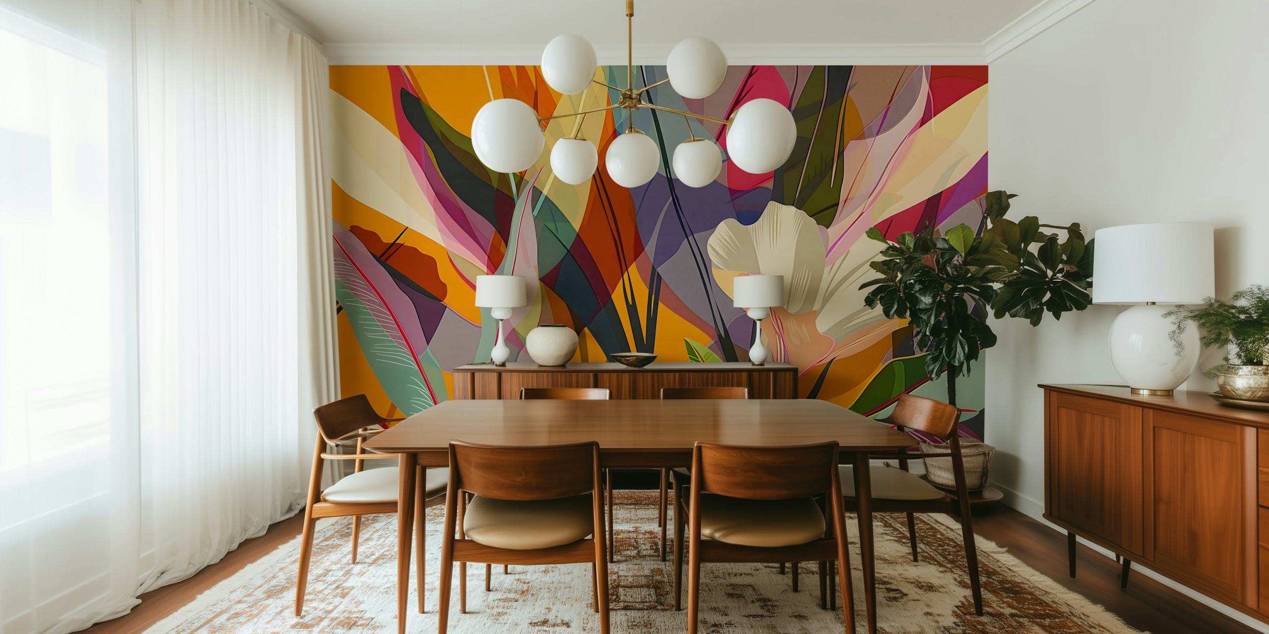 Colorful floral design with leaves and flowers against an orange background wallpaper