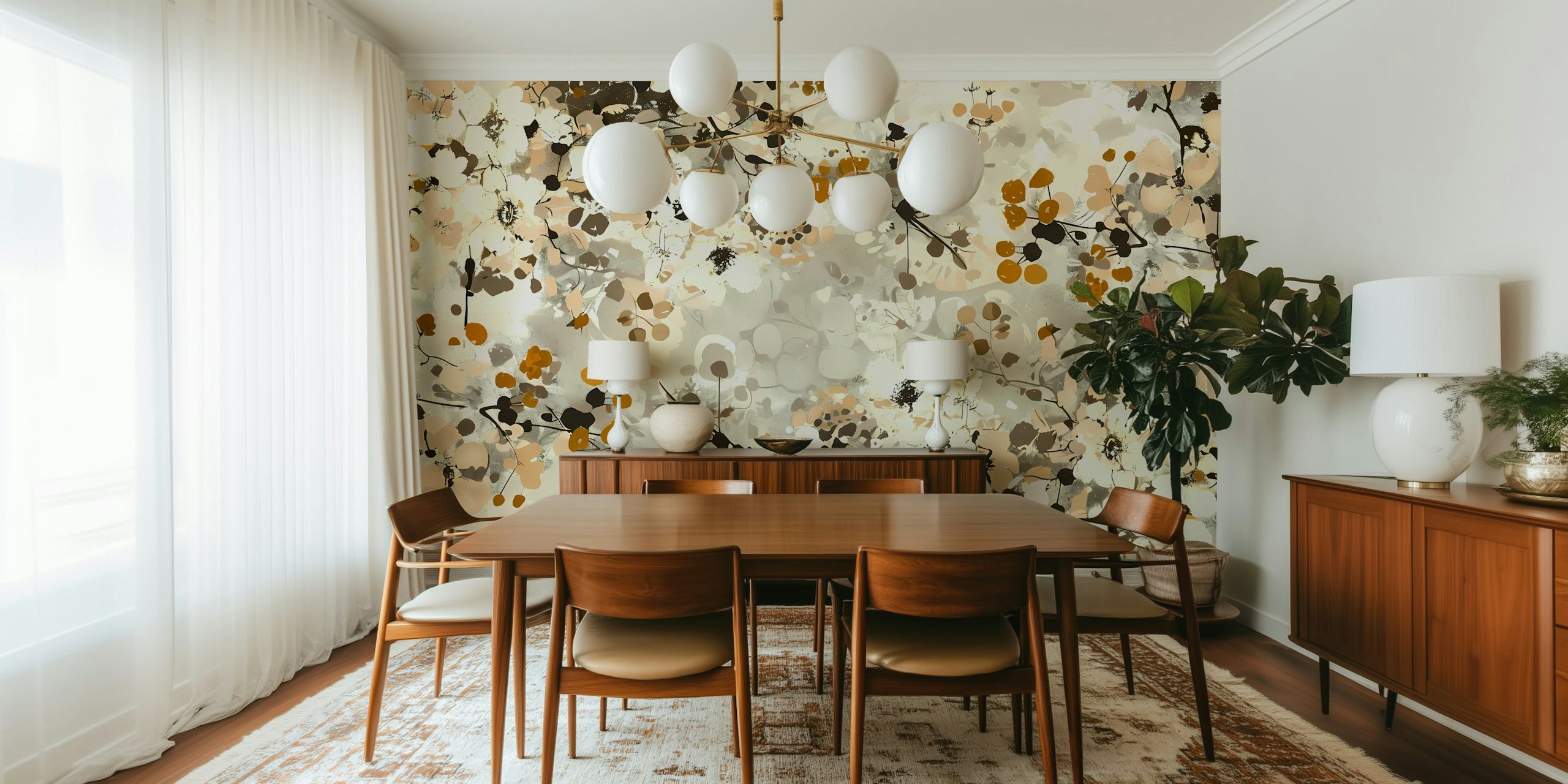 Flowery design with warm browns and creams in a floral pattern wallpaper