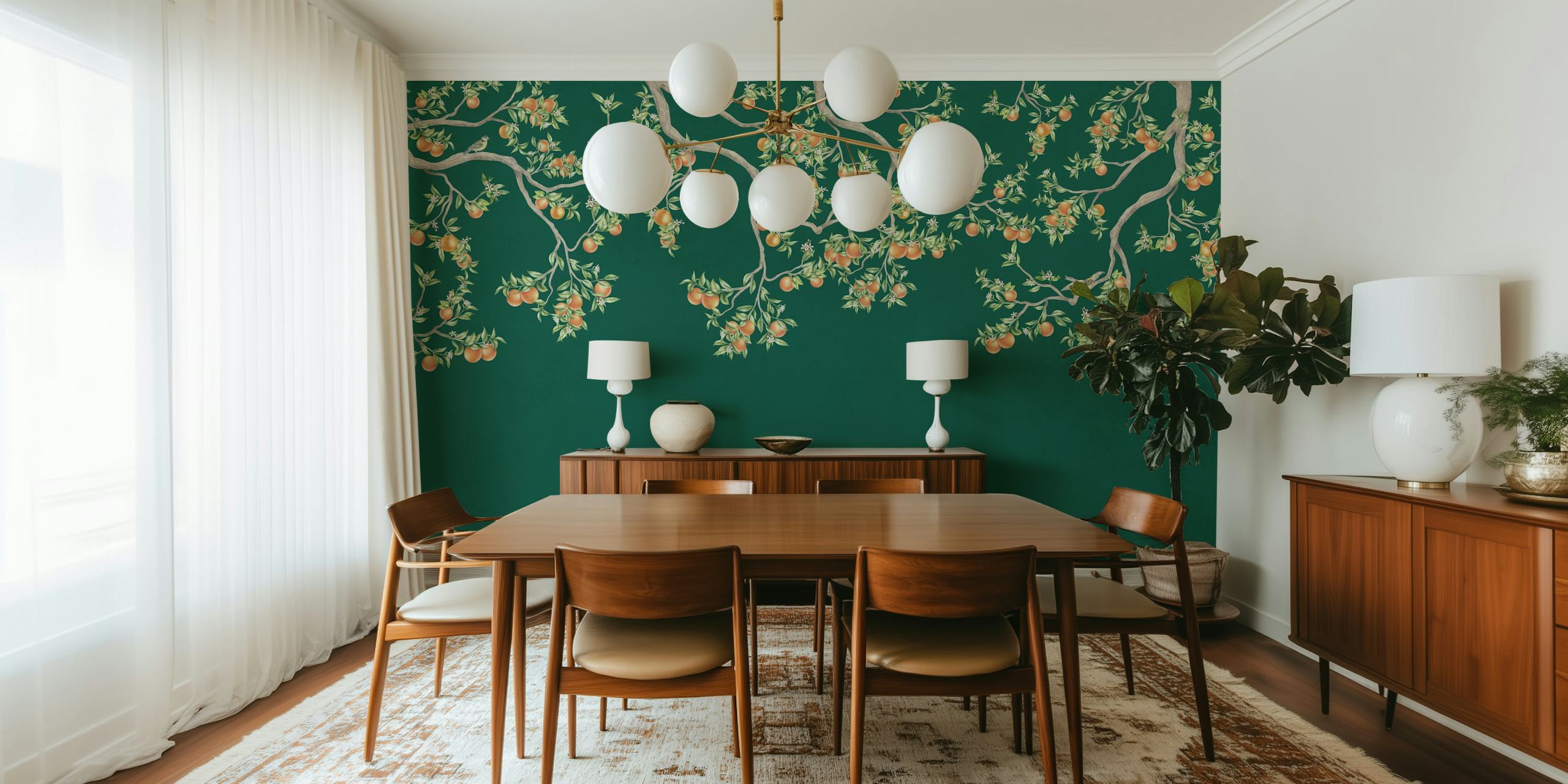 Dark emerald background with sprawling tangerine blossom pattern wall mural.