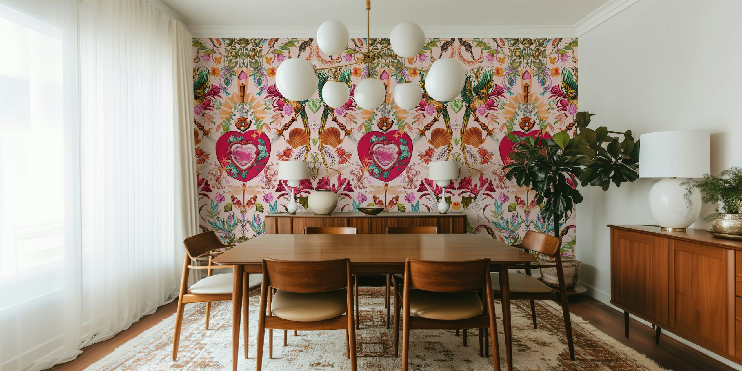Vibrant floral and heart pattern in pinks and greens wallpaper