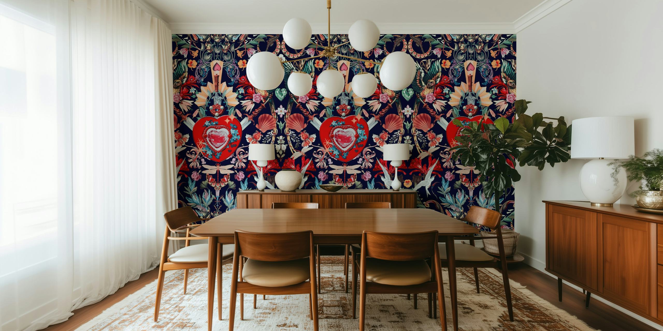 Floral heart pattern in vibrant colors on navy background wallpaper