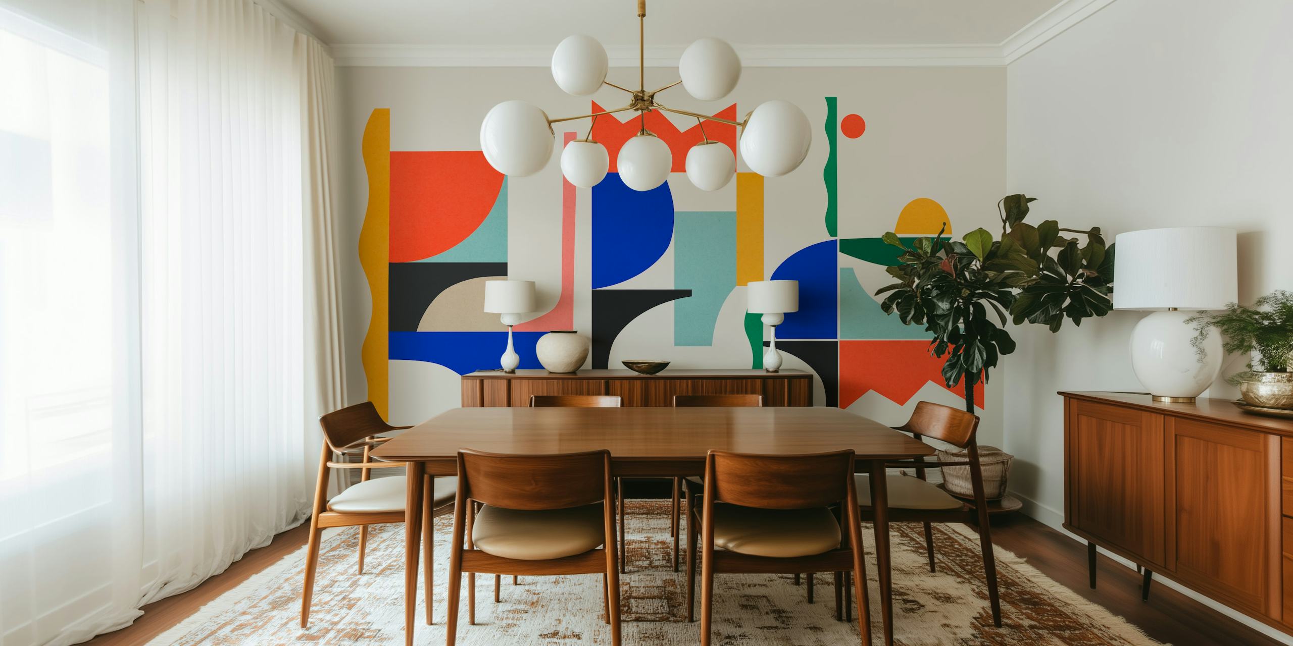 Colorful abstract geometric shapes in blue, red, yellow, and green wallpaper