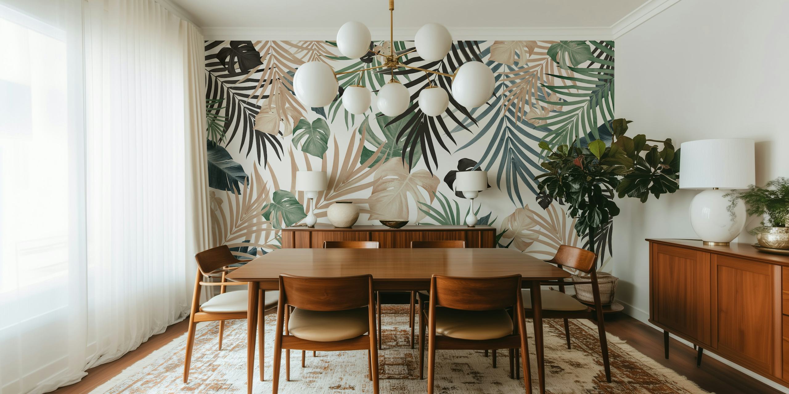 Tropical jungle leaves wall mural in landscape orientation with green botanical patterns