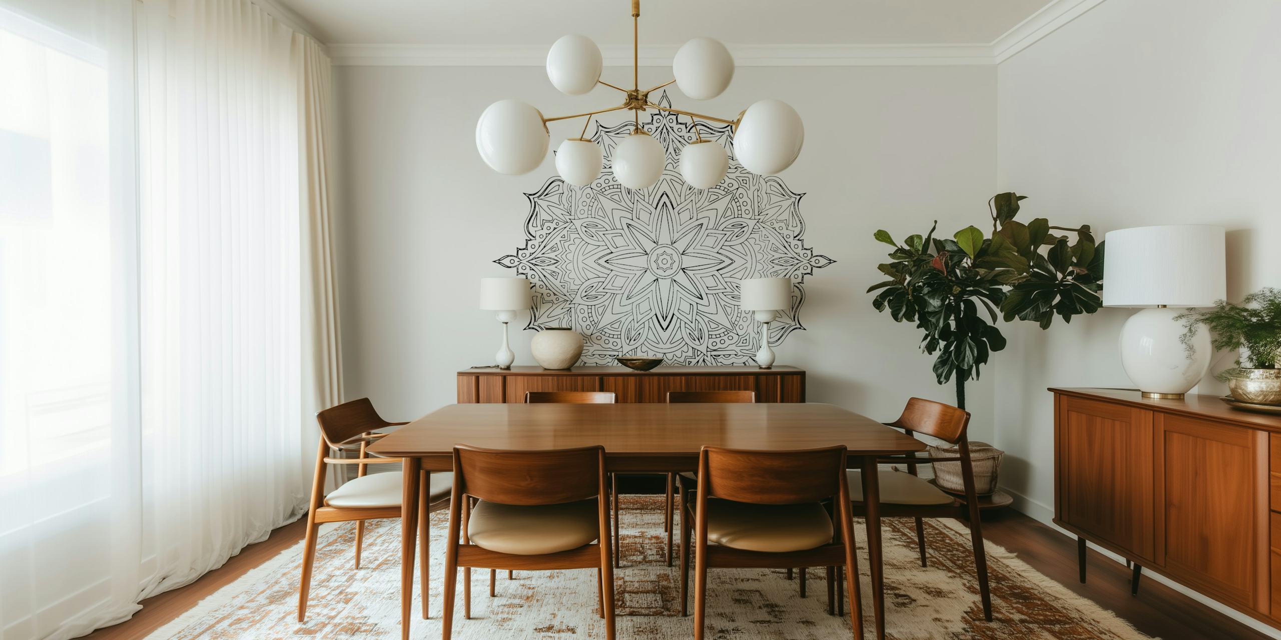 Mandala papel de parede preto e branco em um quarto