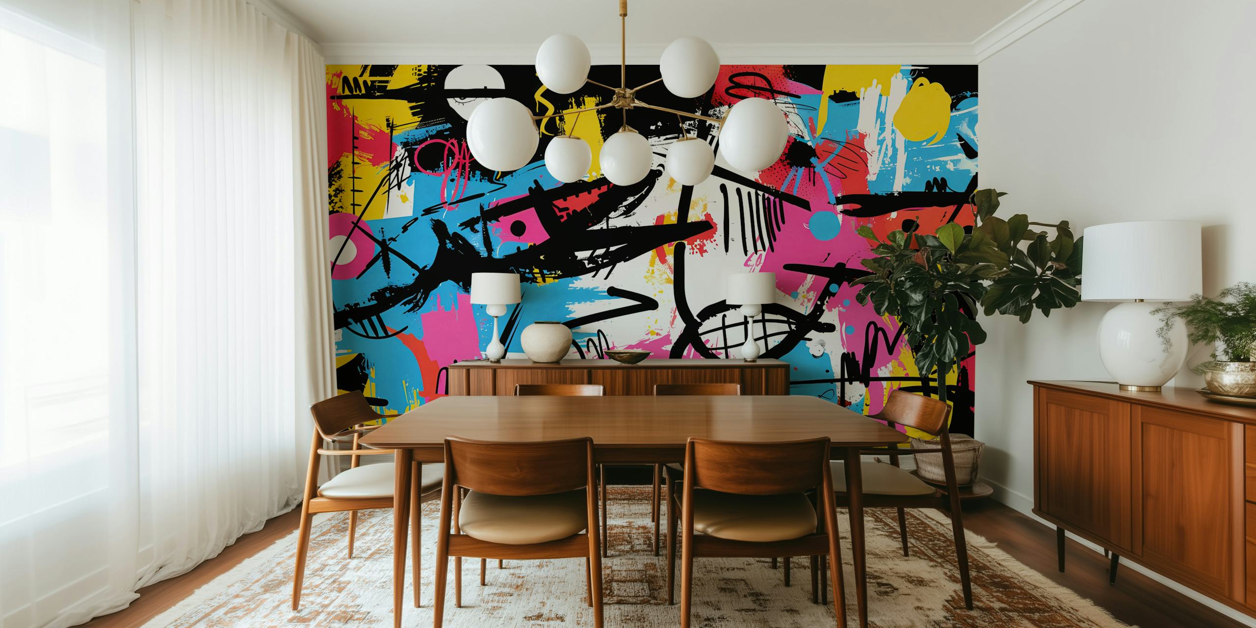 Vibrant street art style wall mural with a mix of colors and graffiti elements