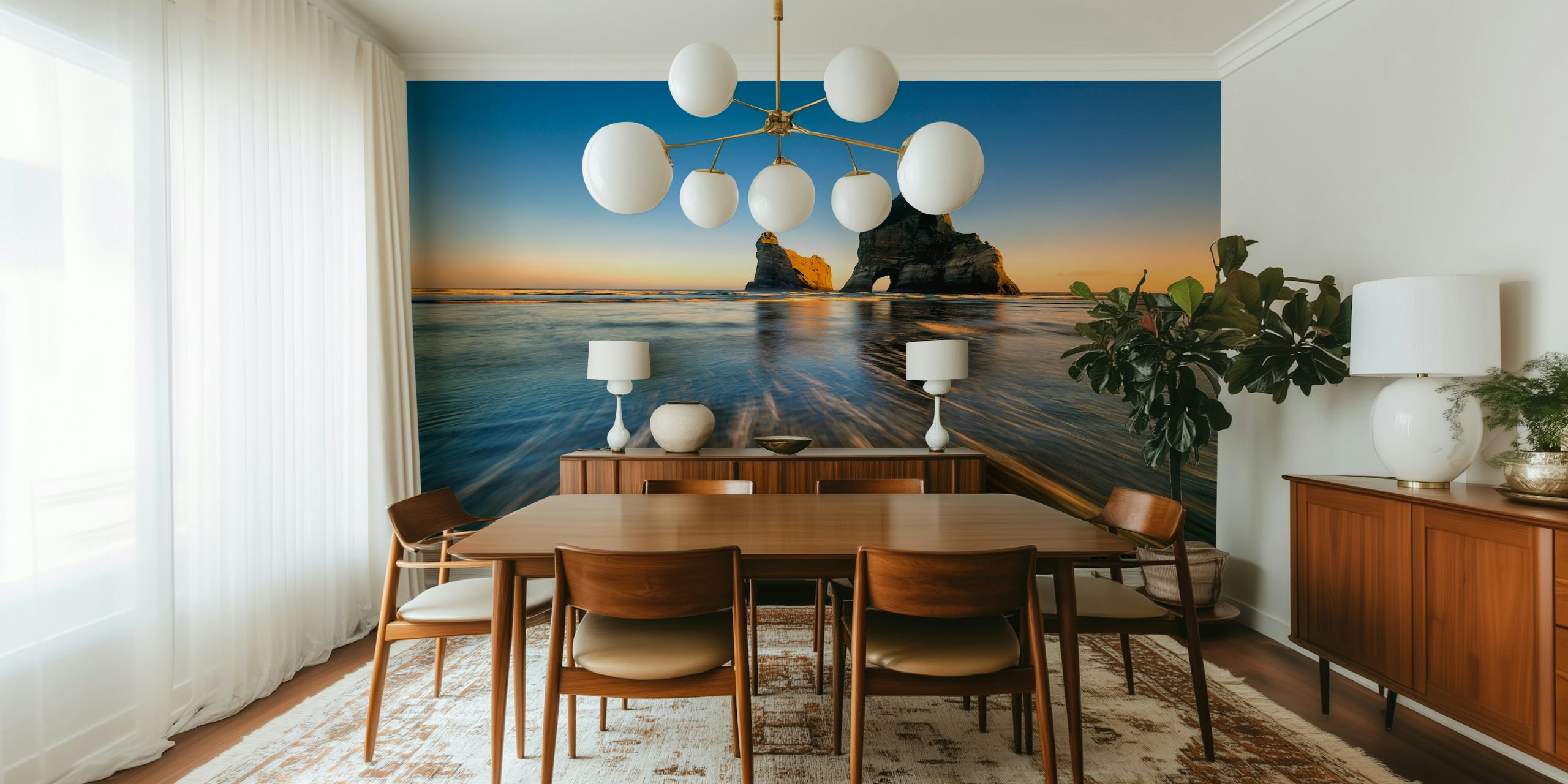 Wharaiki Beach Wandbild mit Sonnenuntergang und Felsformationen