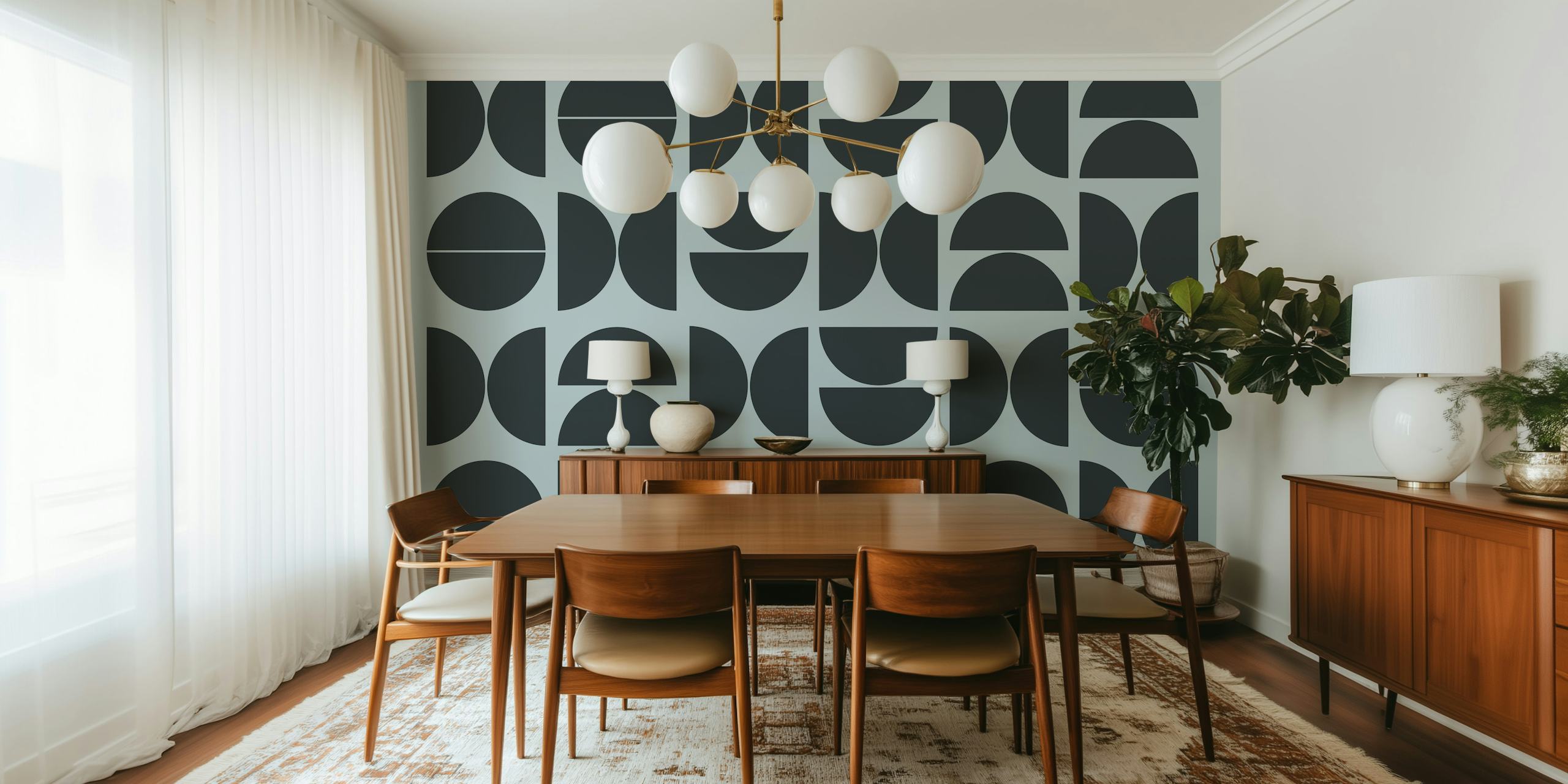 Black geometric pattern with circular and semi-circular shapes wallpaper