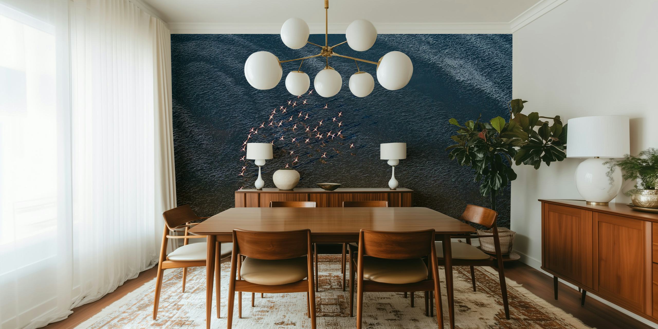 Flock of birds flying over ocean waves wall mural