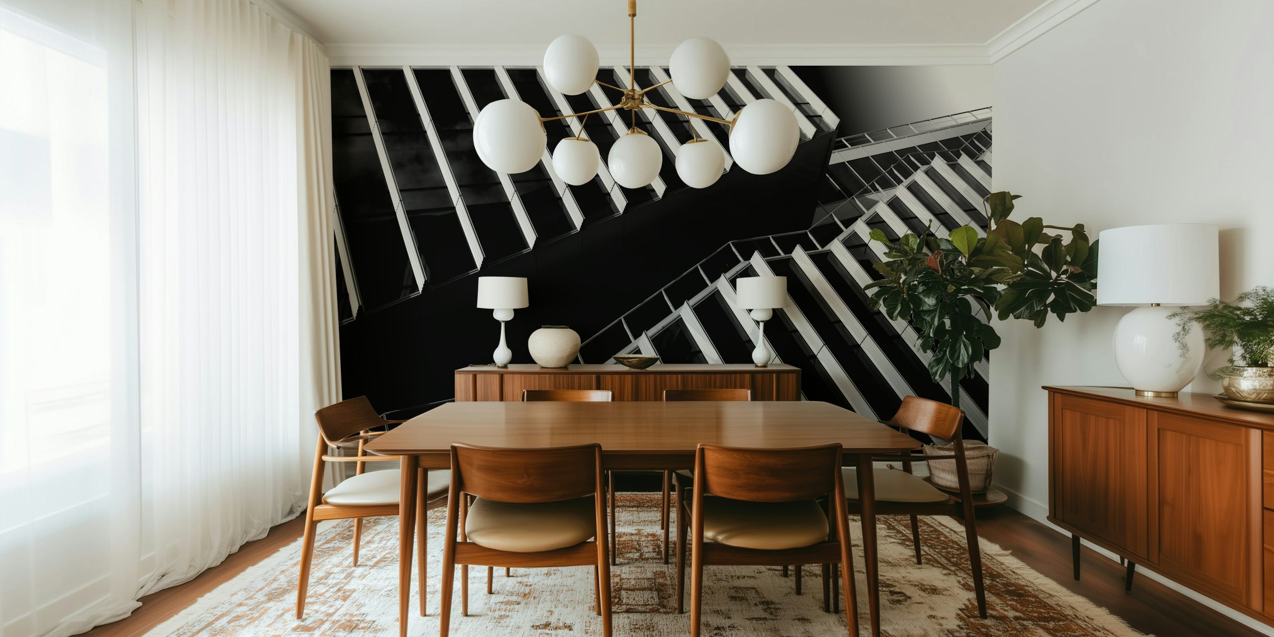 Zwart-witte architecturale muurschildering met het opwaartse zicht tussen hoge gebouwen