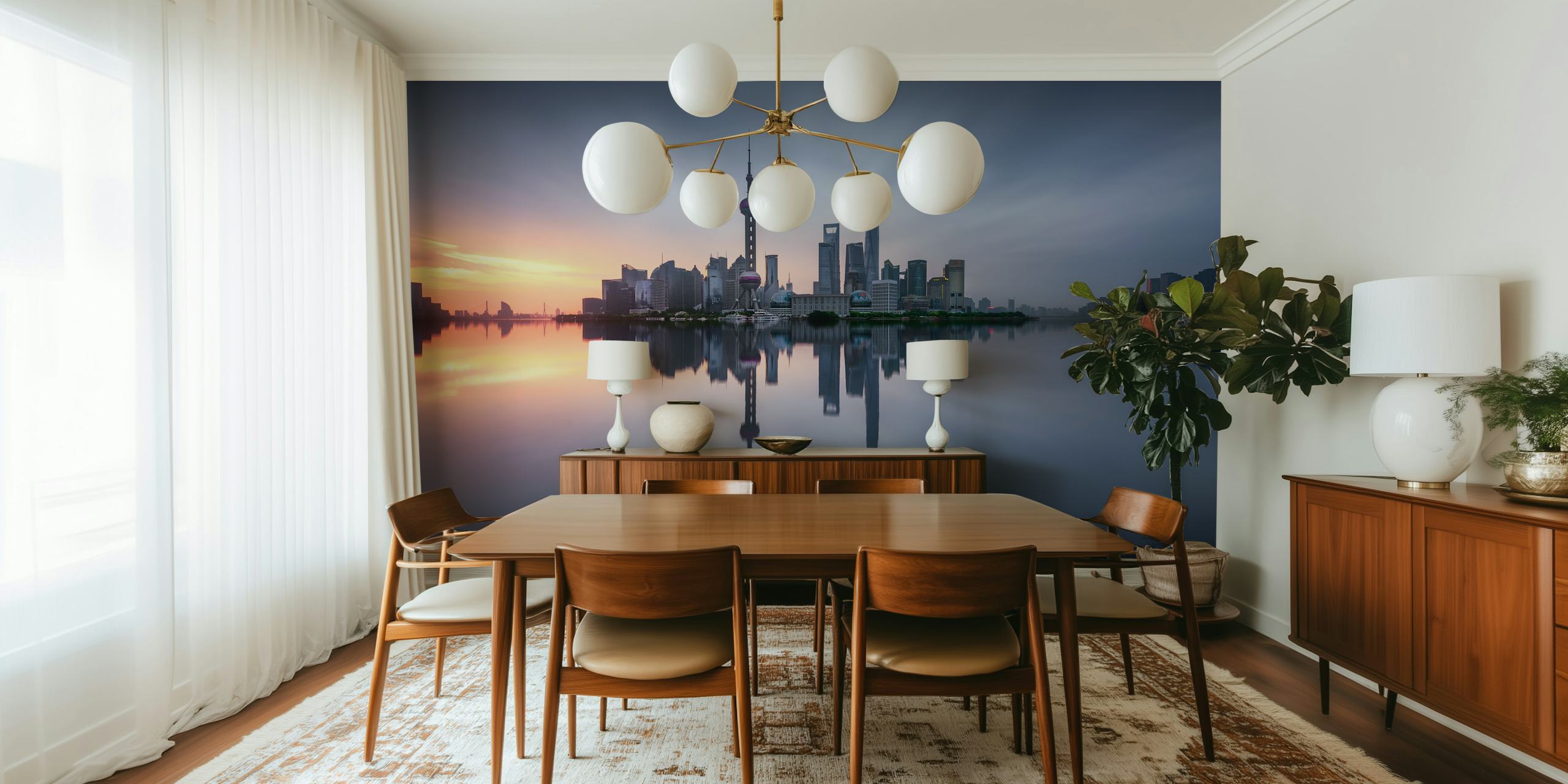 Shanghai skyline reflecting at sunrise, blue and orange, city wallpaper