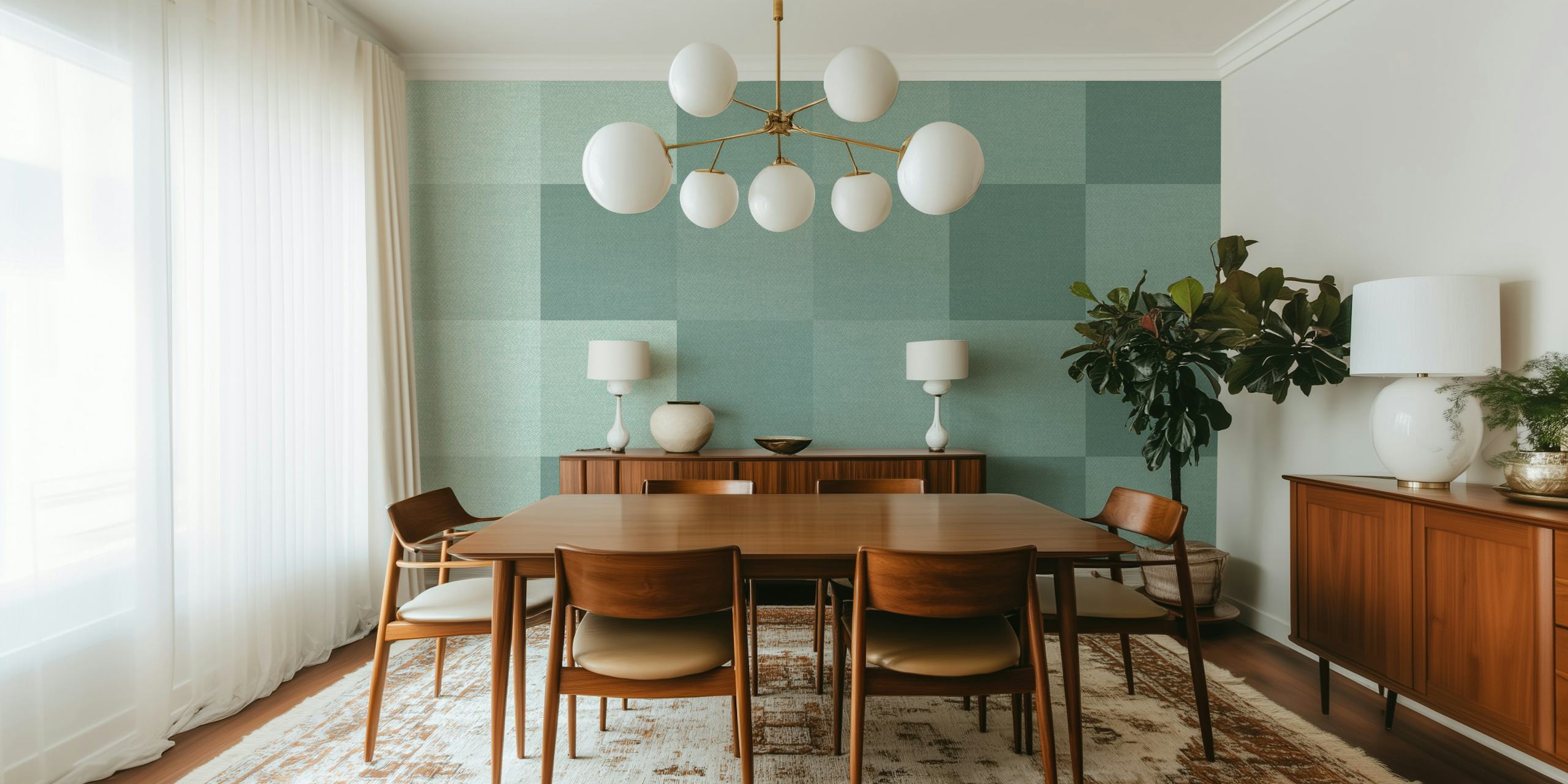 Papel tapiz checkerboard Sage Linen en una habitación
