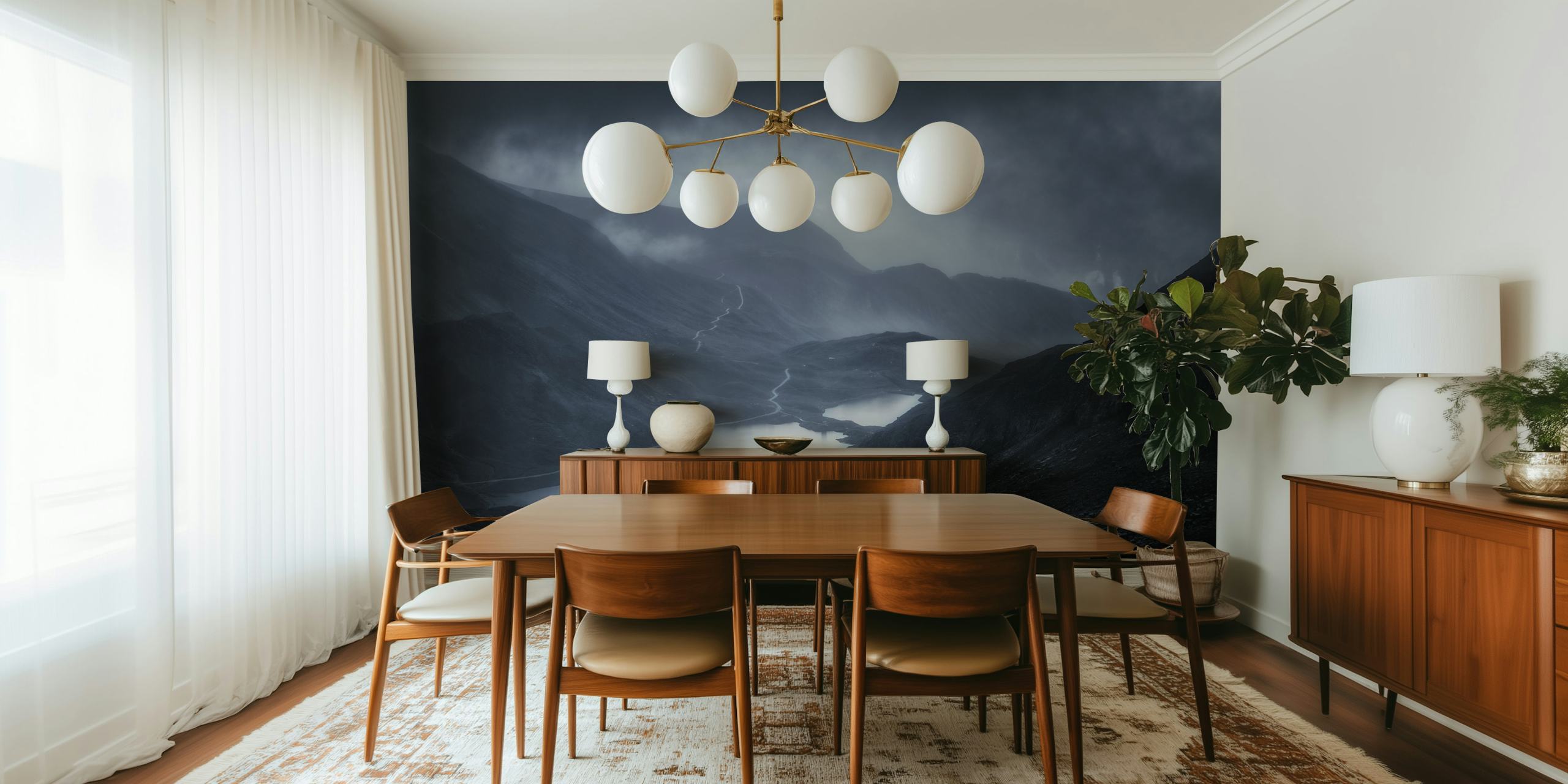 Monochrome wall mural of a winter mountain landscape before snowfall