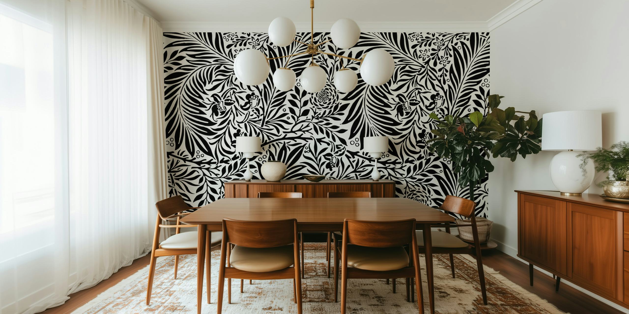 Black and white floral pattern wallpaper with vintage leaves and flowers