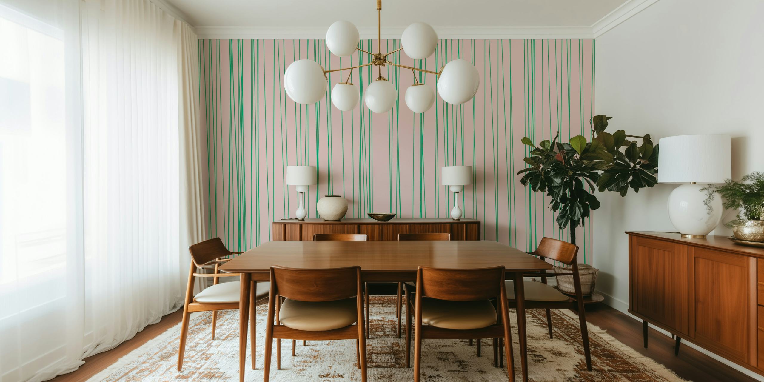 Hand-drawn minimal line art with rose pink and green stripes on a wall mural