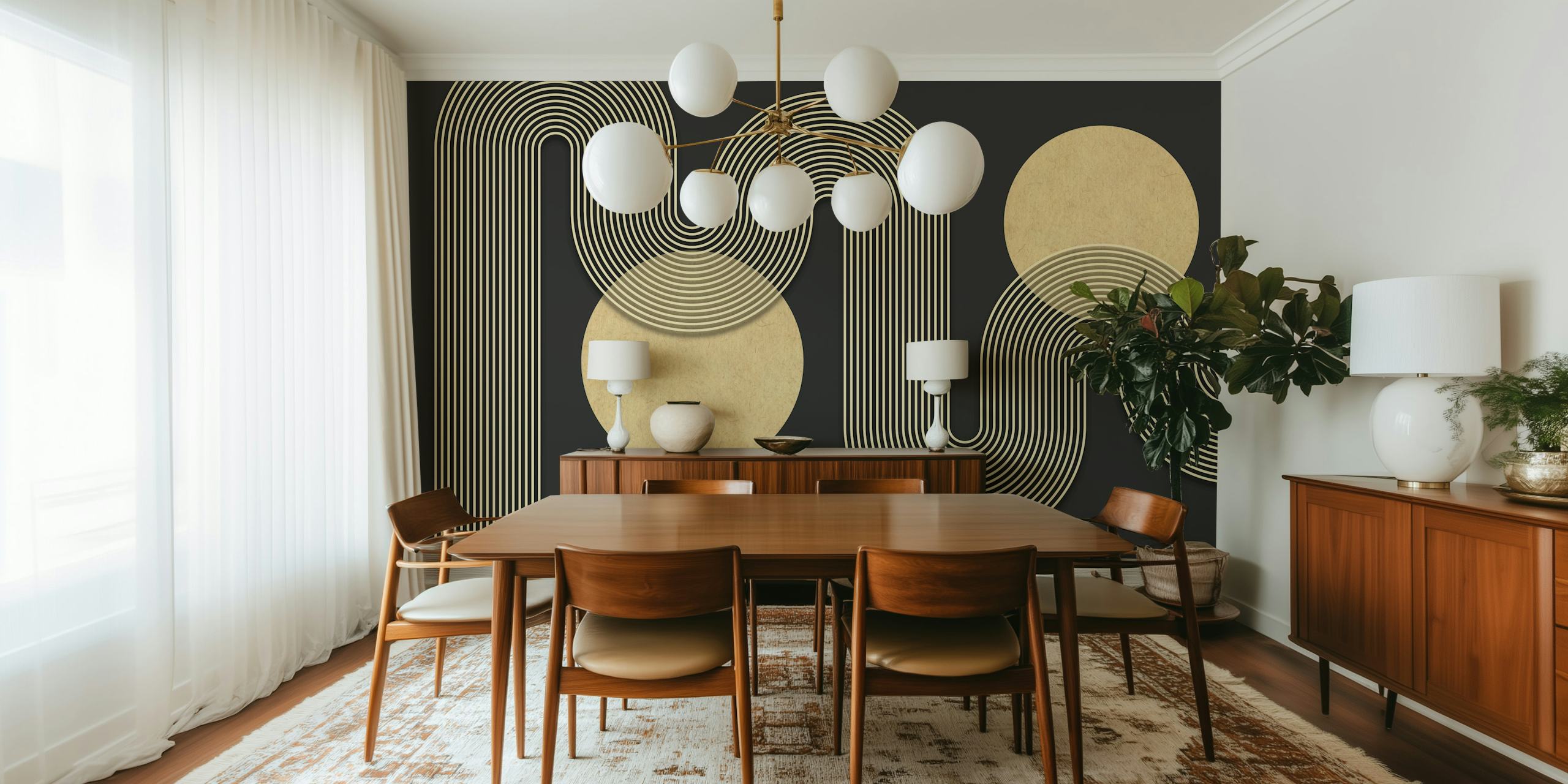 Black and beige modern geometric line art wallpaper
