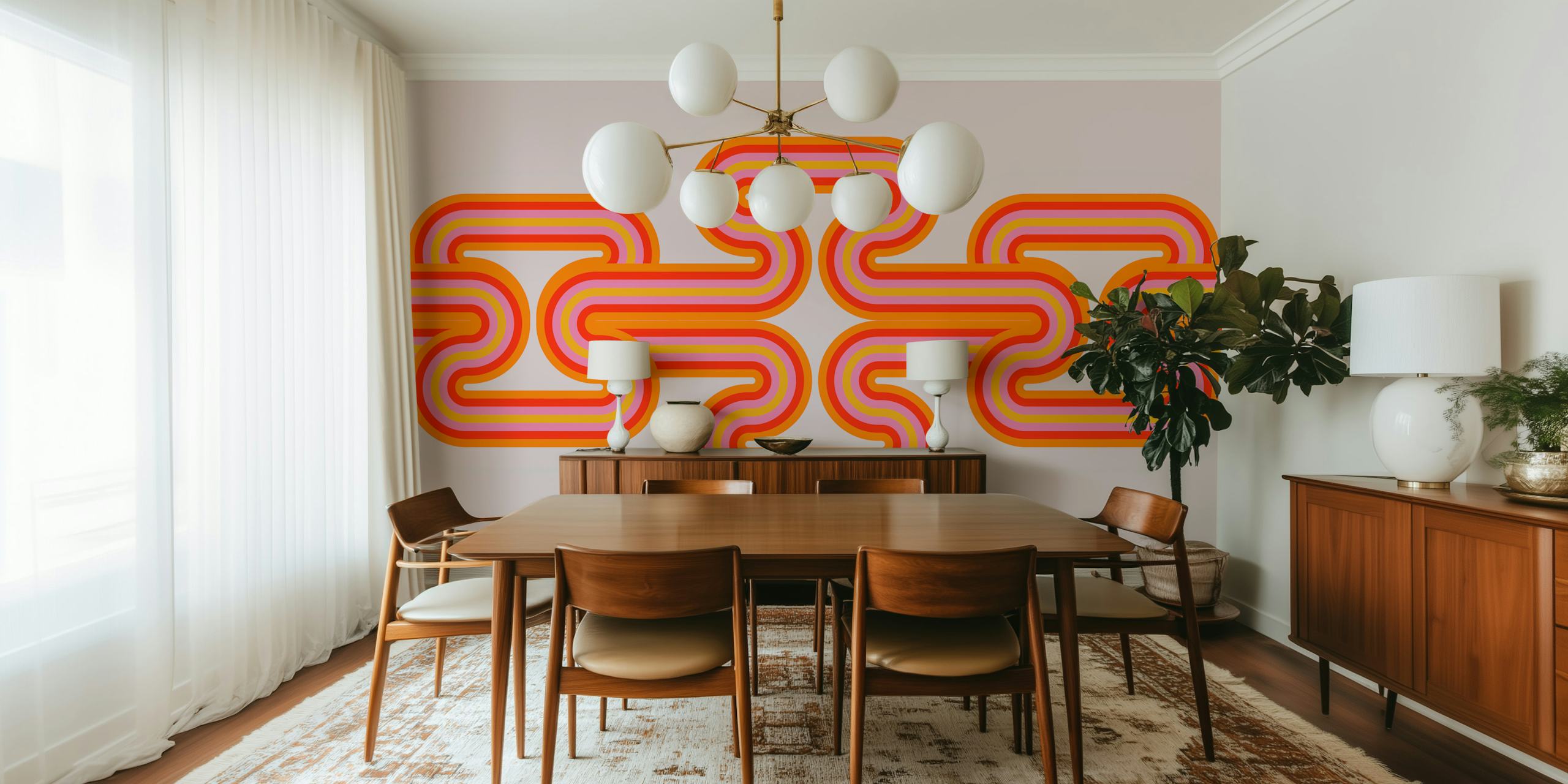 Fotomural con estampado de ondas con curvas retro de los años setenta en naranja y blanco