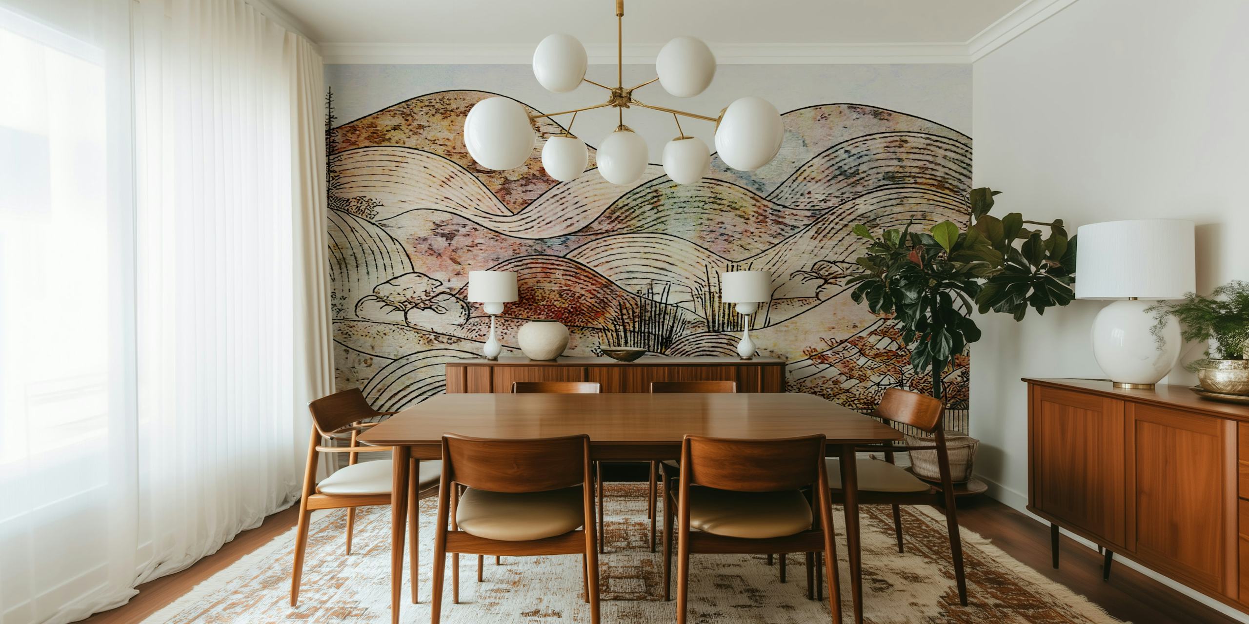 Antique Japandi Sunrise Mountains carta da parati in una stanza