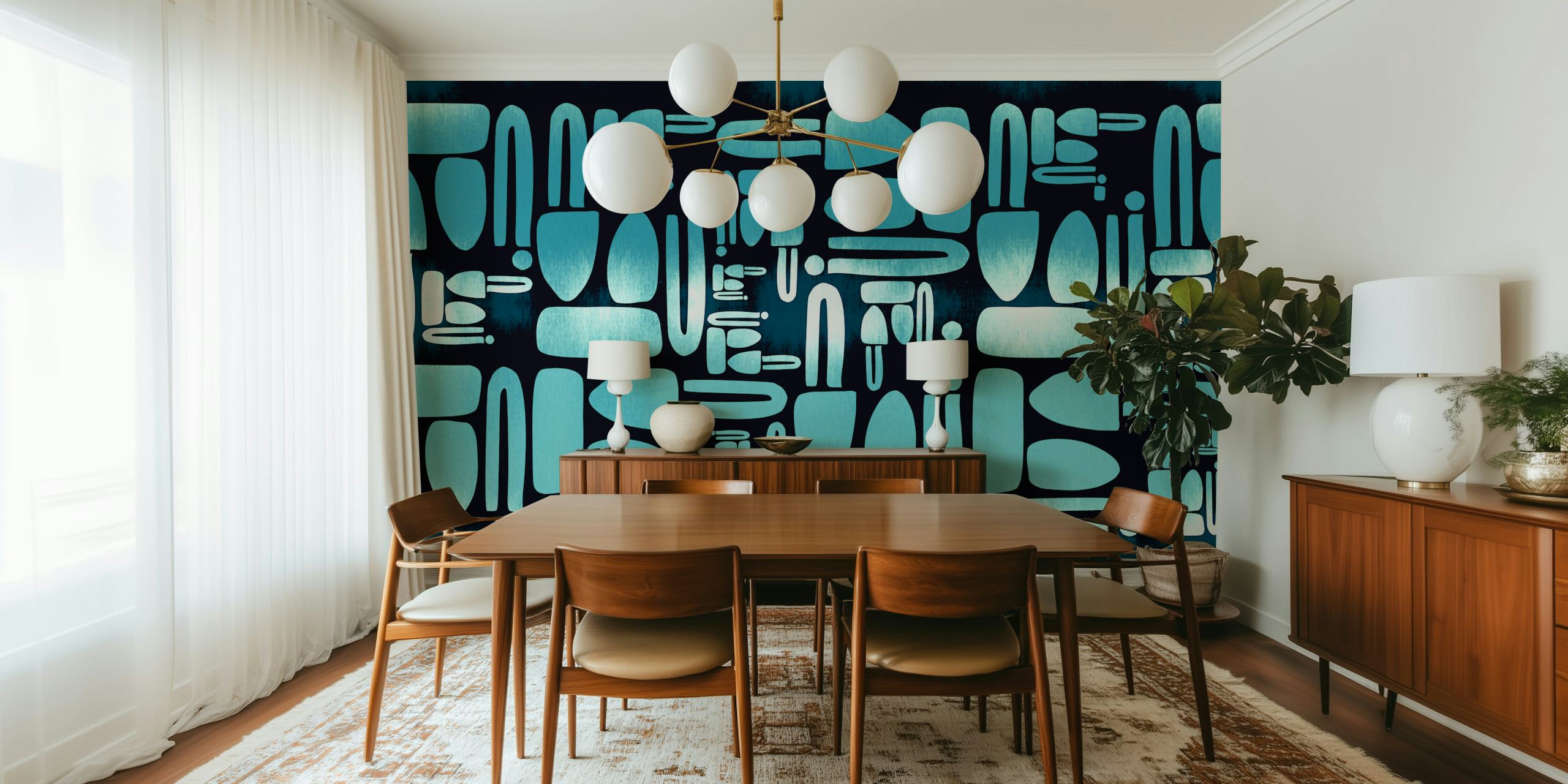 Mid-Century geometric aqua shapes on dark background wallpaper