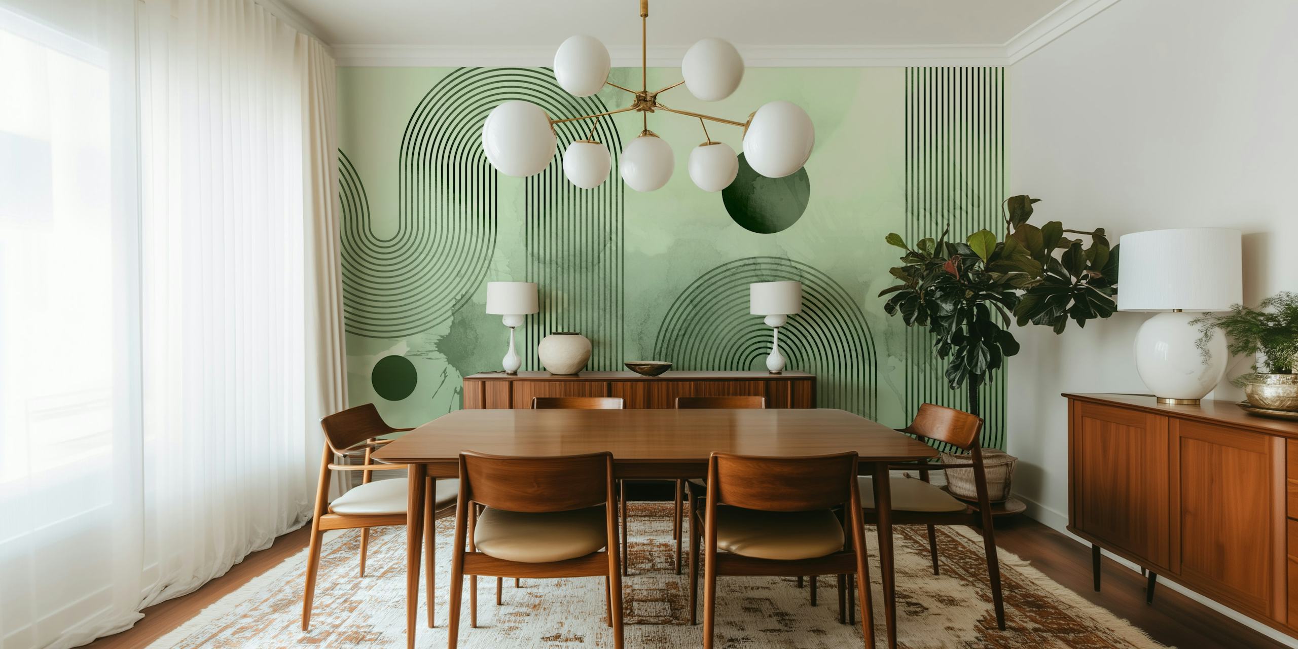 Abstract line art design with green tones and circular elements wallpaper