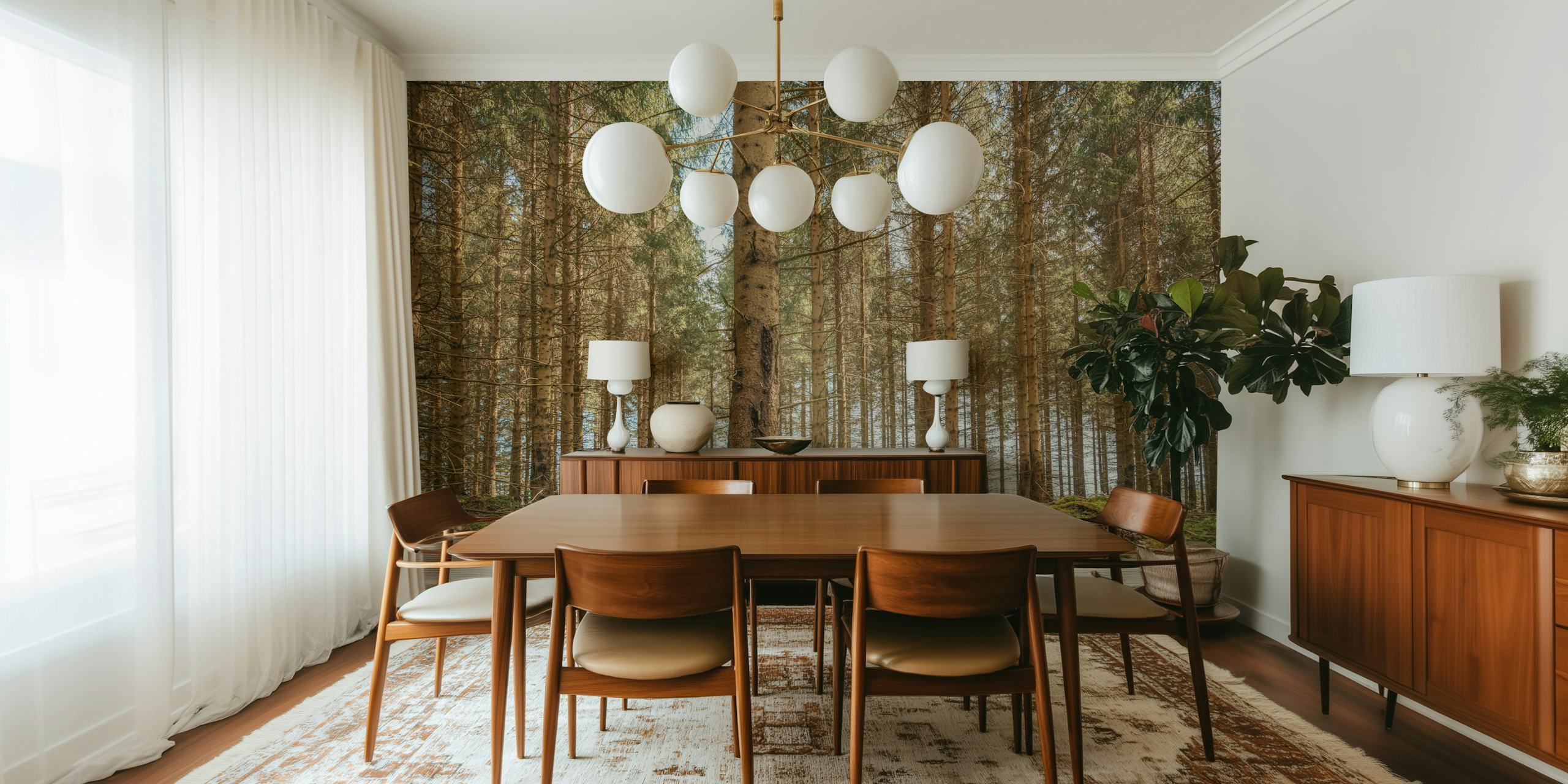 Enchanted spring pine forest wallpaper in a room