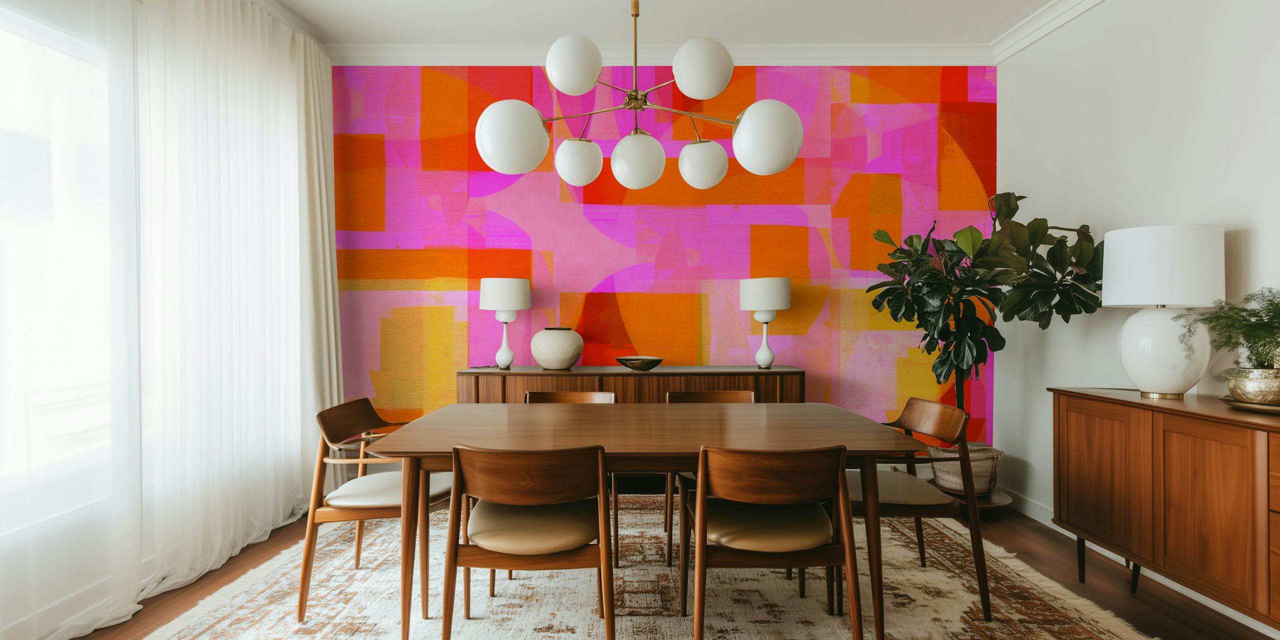 Abstract mid-century Bauhaus style wall mural with geometric shapes in vivid colors