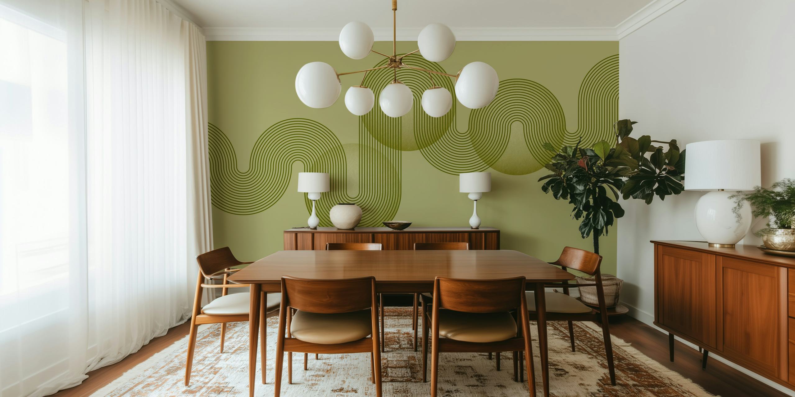 Fototapete mit geometrischen Formen im Retro-Look in Grün mit Siebziger-Jahre-Flair