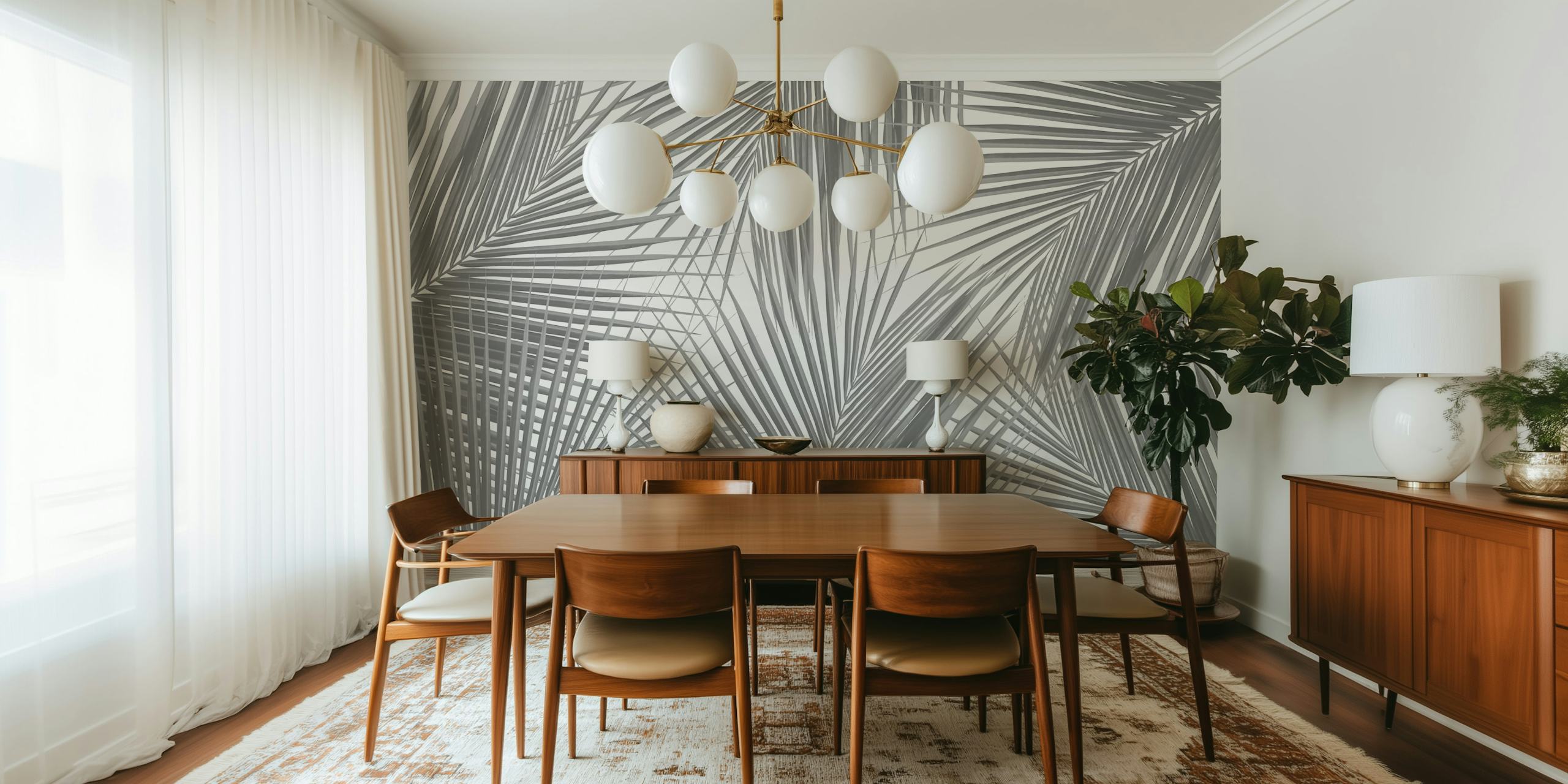 Gray palm leaves wallpaper in a styled room