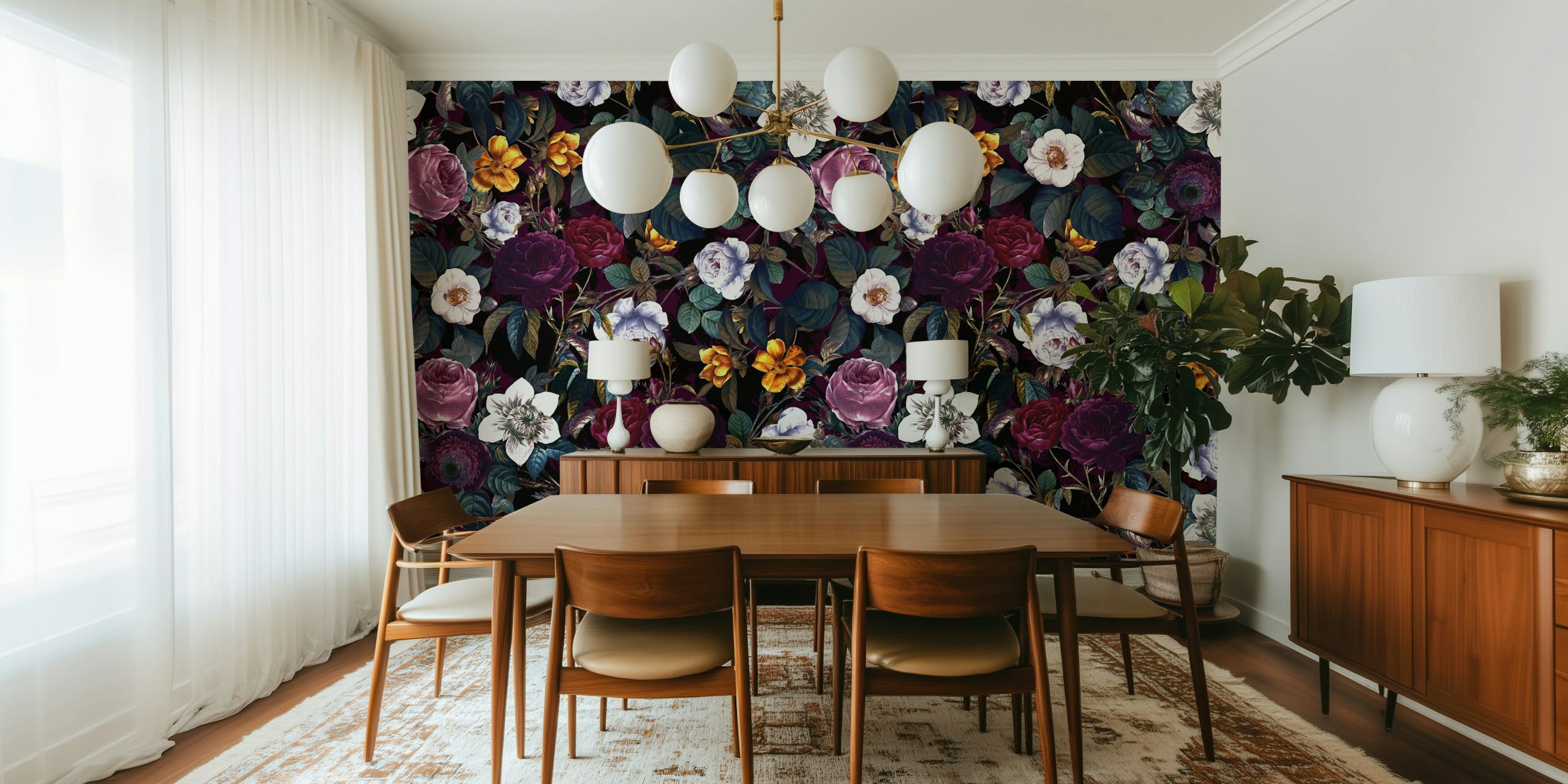 Dark floral wallpaper with peonies in purple, white, and gold hues