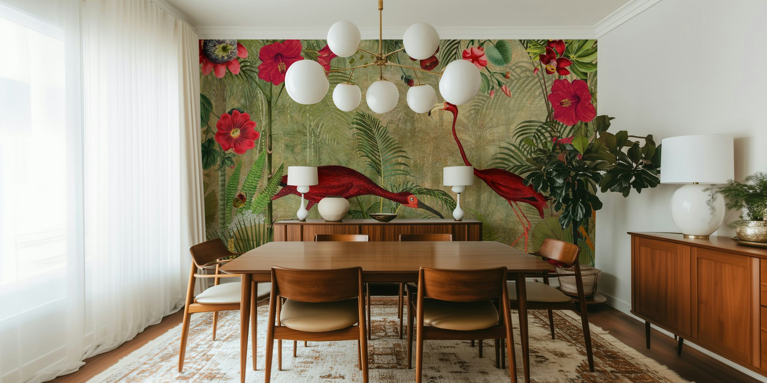 Papier peint Red Flamingo Vintage Rainforest Garden