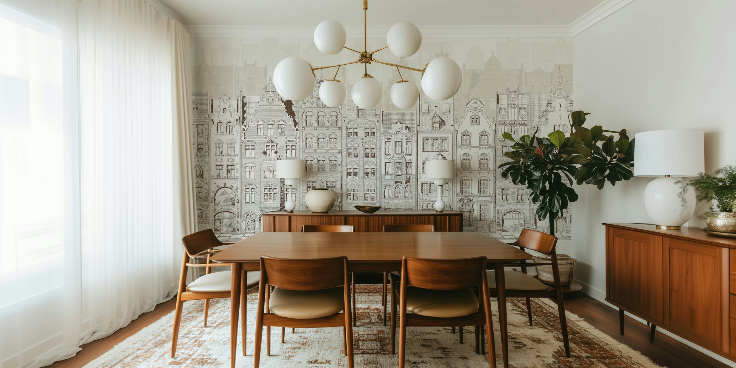 Illustration of Amsterdam houses in beige and gray tones wall mural