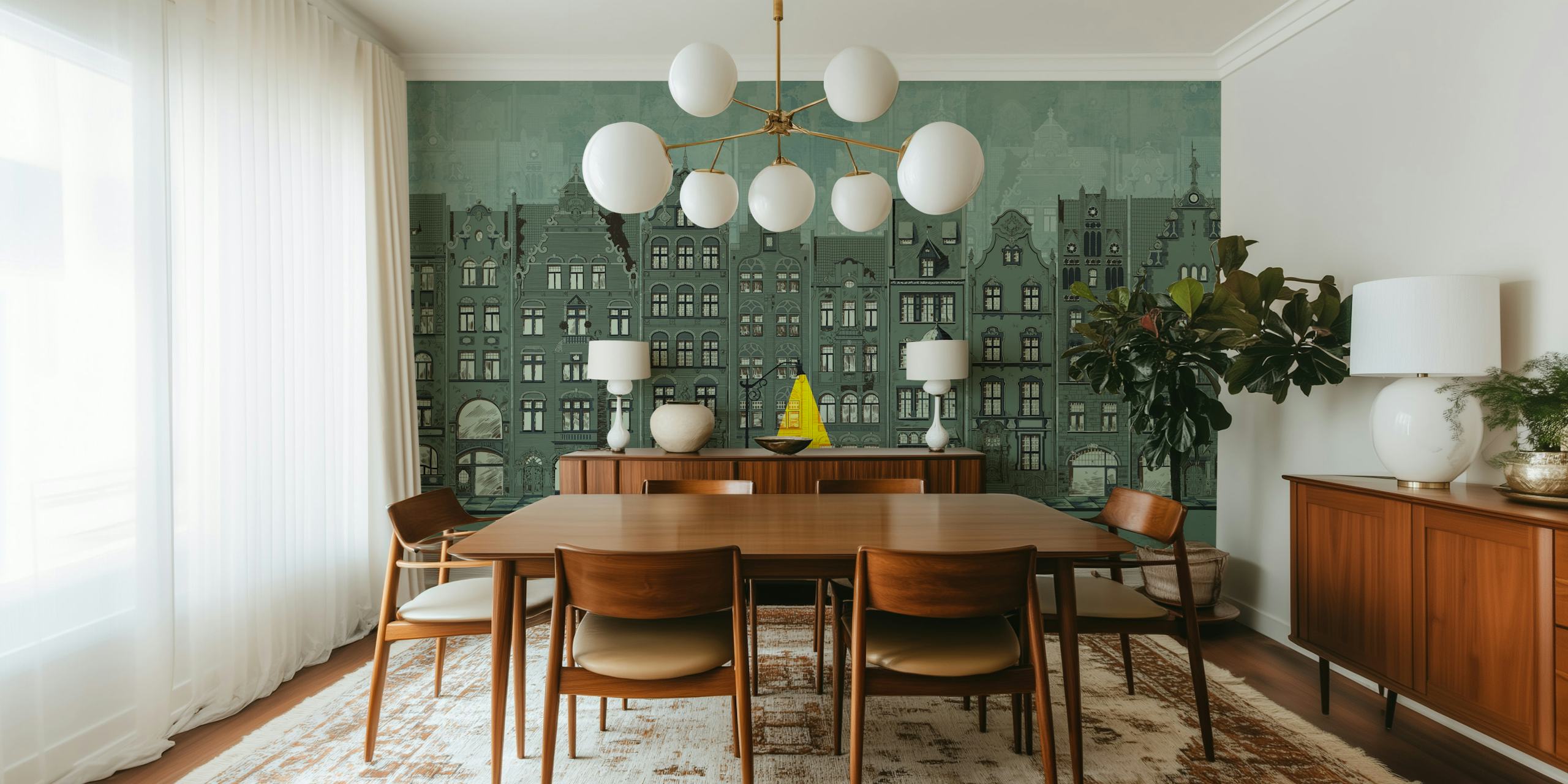 Graphic mural of Amsterdam houses on wall