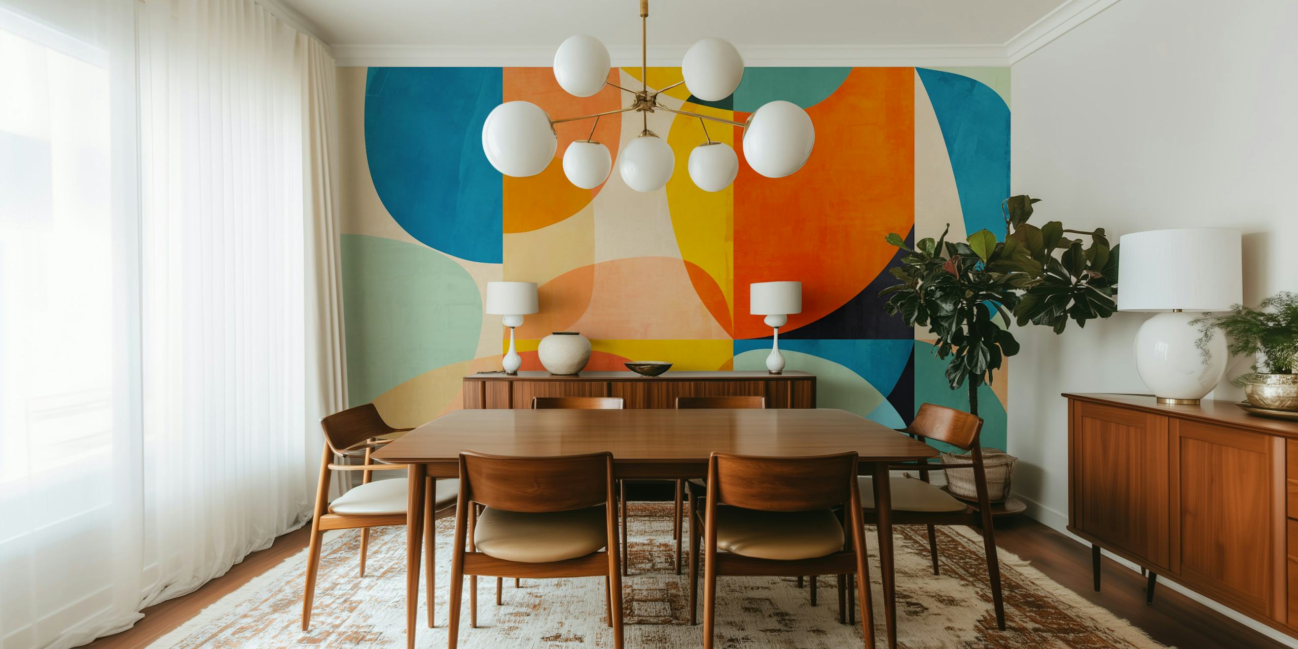 Colorful abstract geometric shapes in orange, teal, and soft pastels wallpaper