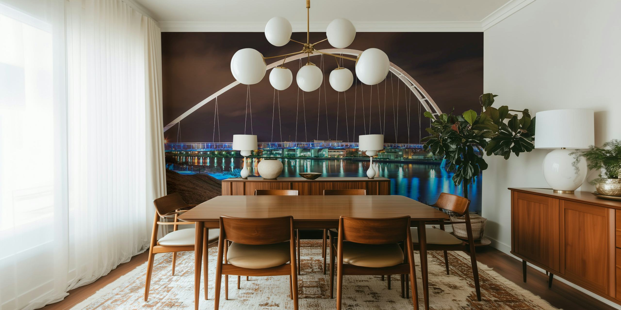 Modern white bridge at night with blue lights reflection wallpaper