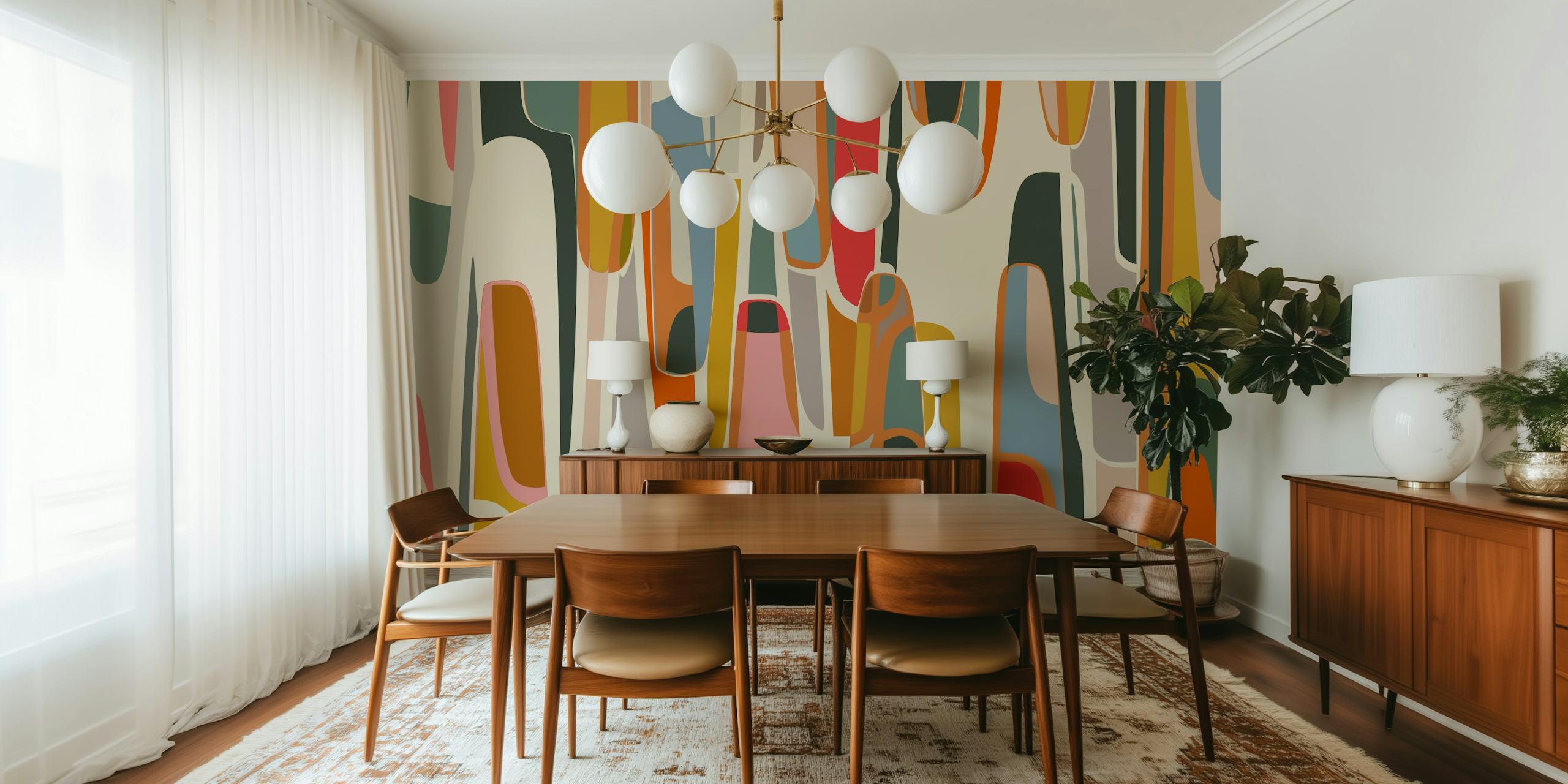 Abstract pattern wall mural with rounded elongated shapes in earthy and subdued tones