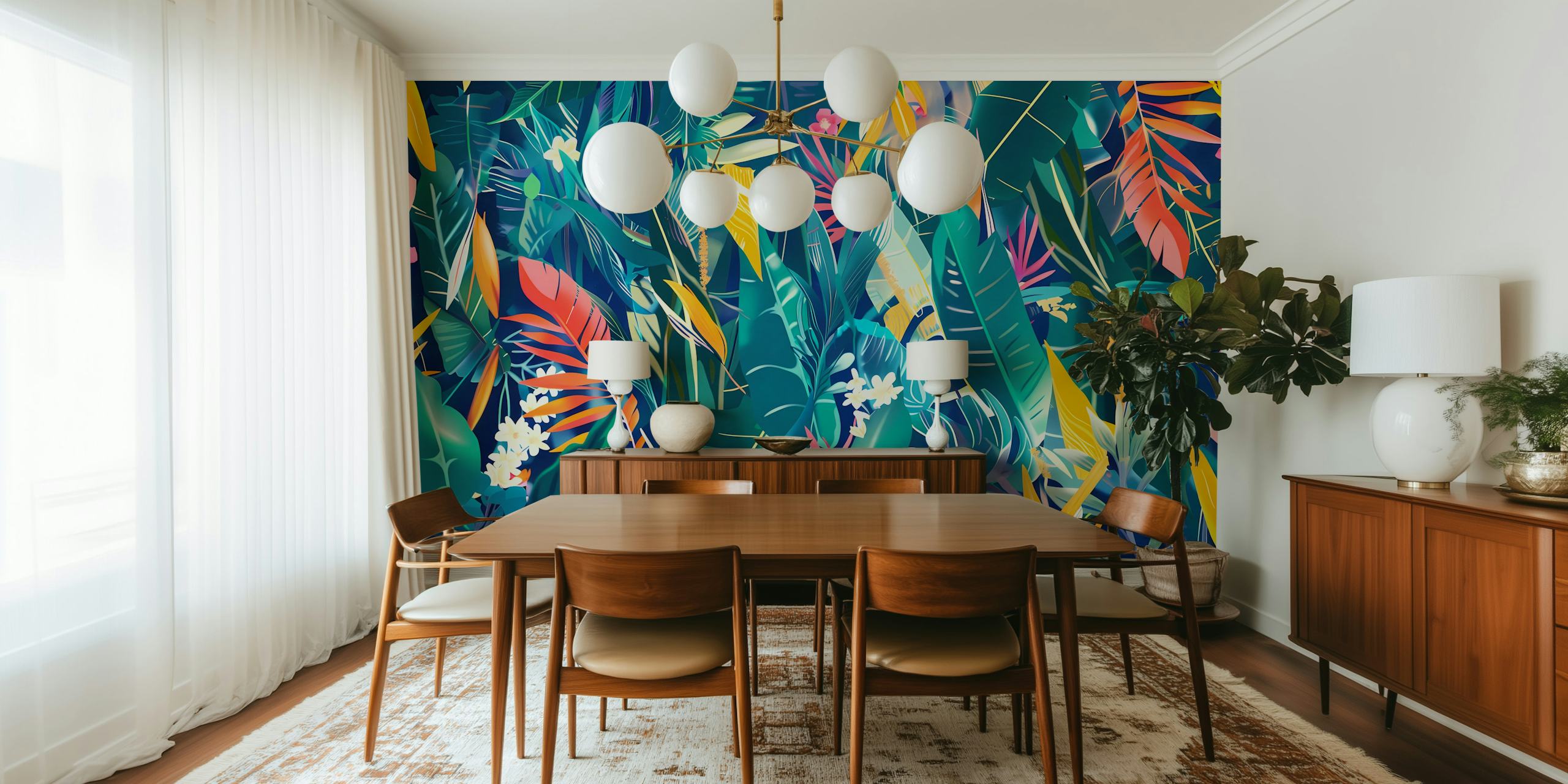 Tropical garden wallpaper with colorful leaves and flowers in vibrant hues