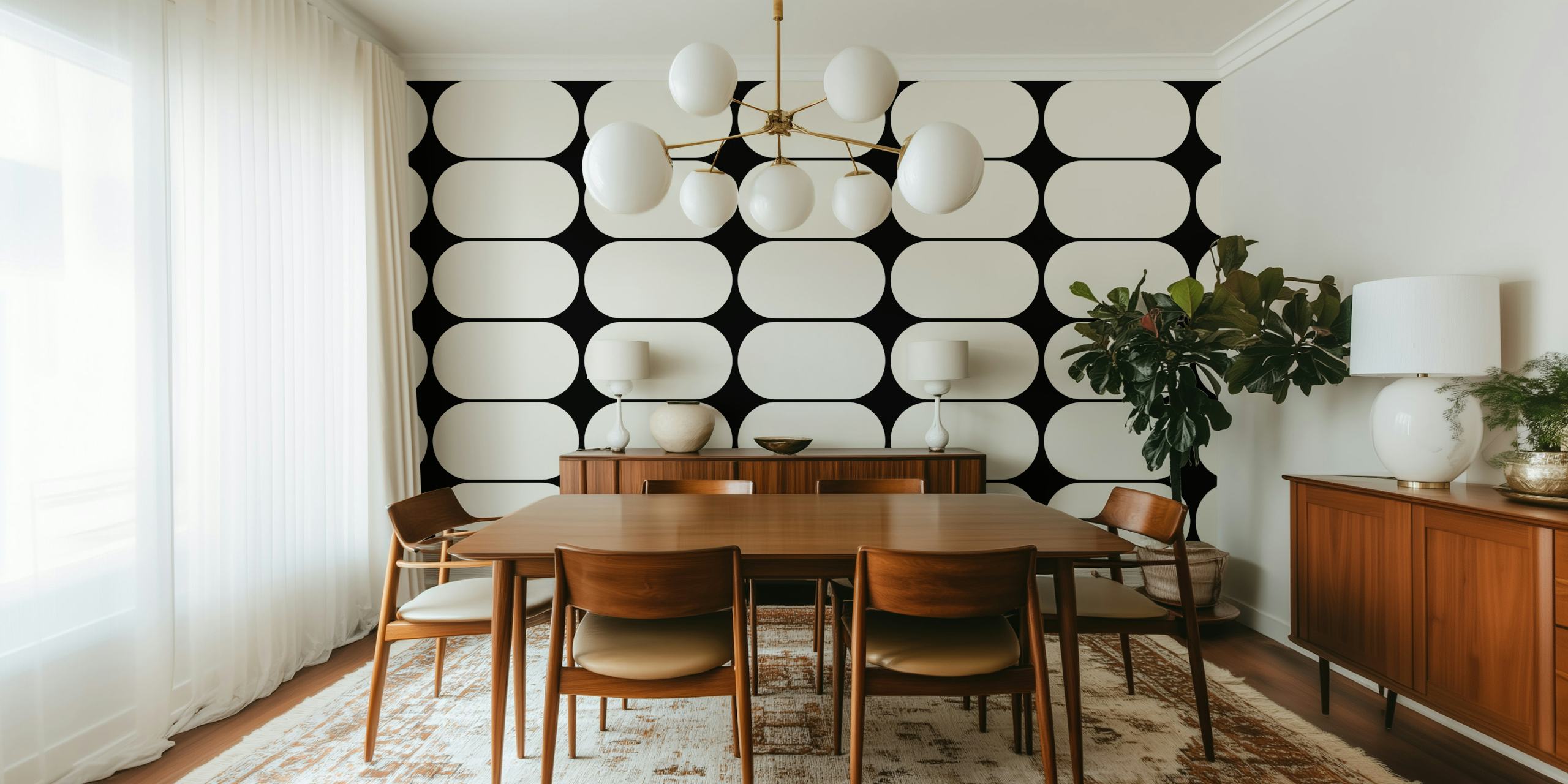 Black white minimal organic art wallpaper in a room