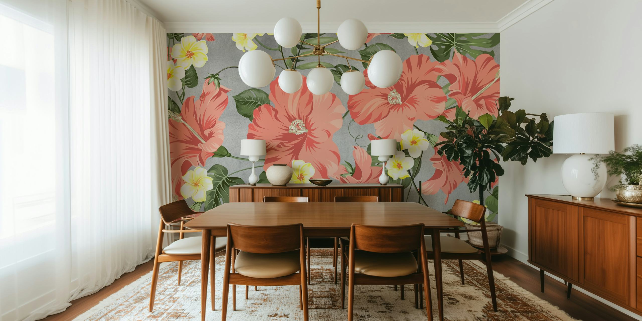 Živá květinová fototapeta s velkými květy inspirovanými přírodou na neutrálním pozadí